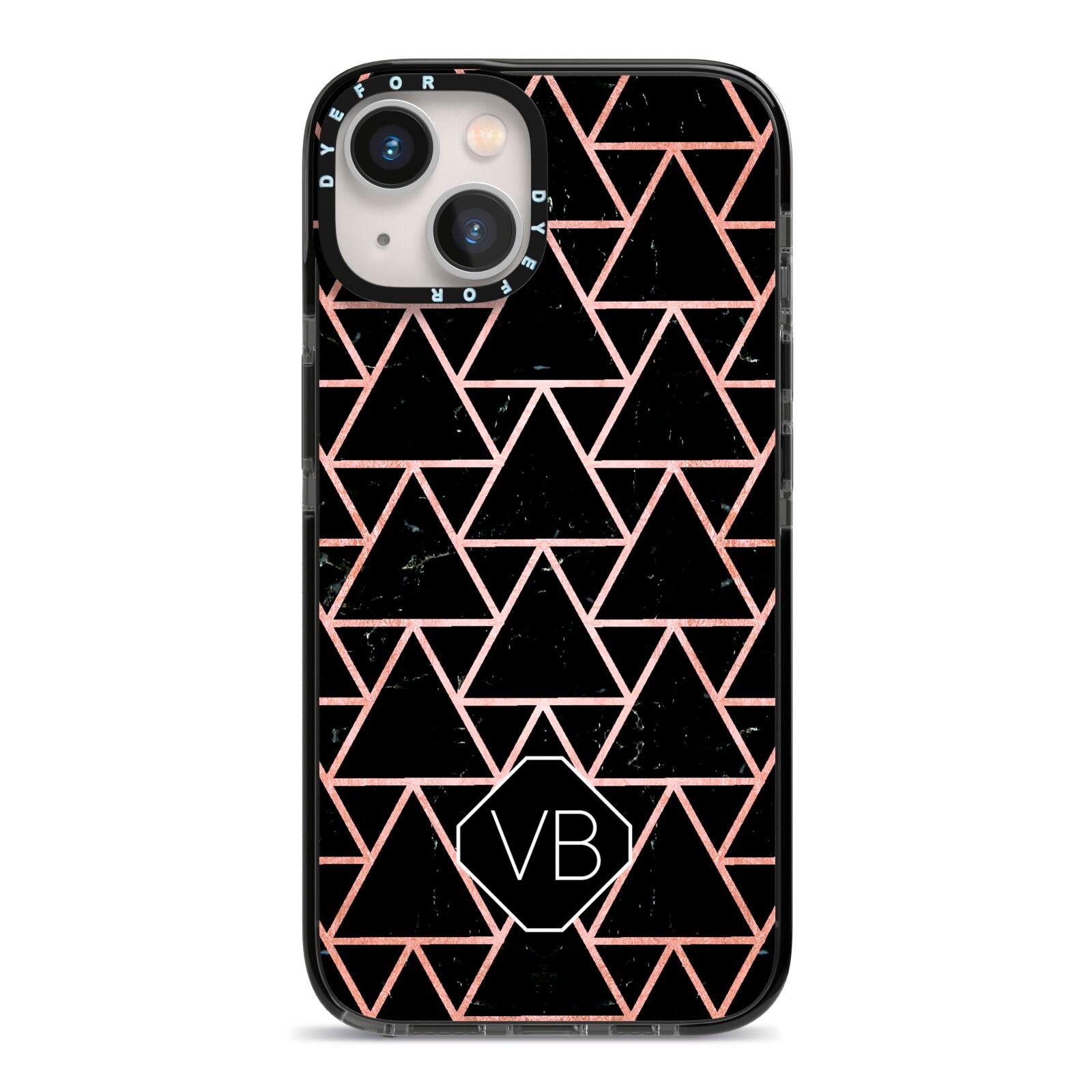Personalised Rose Gold Triangle Marble iPhone 13 Black Impact Case on Silver phone