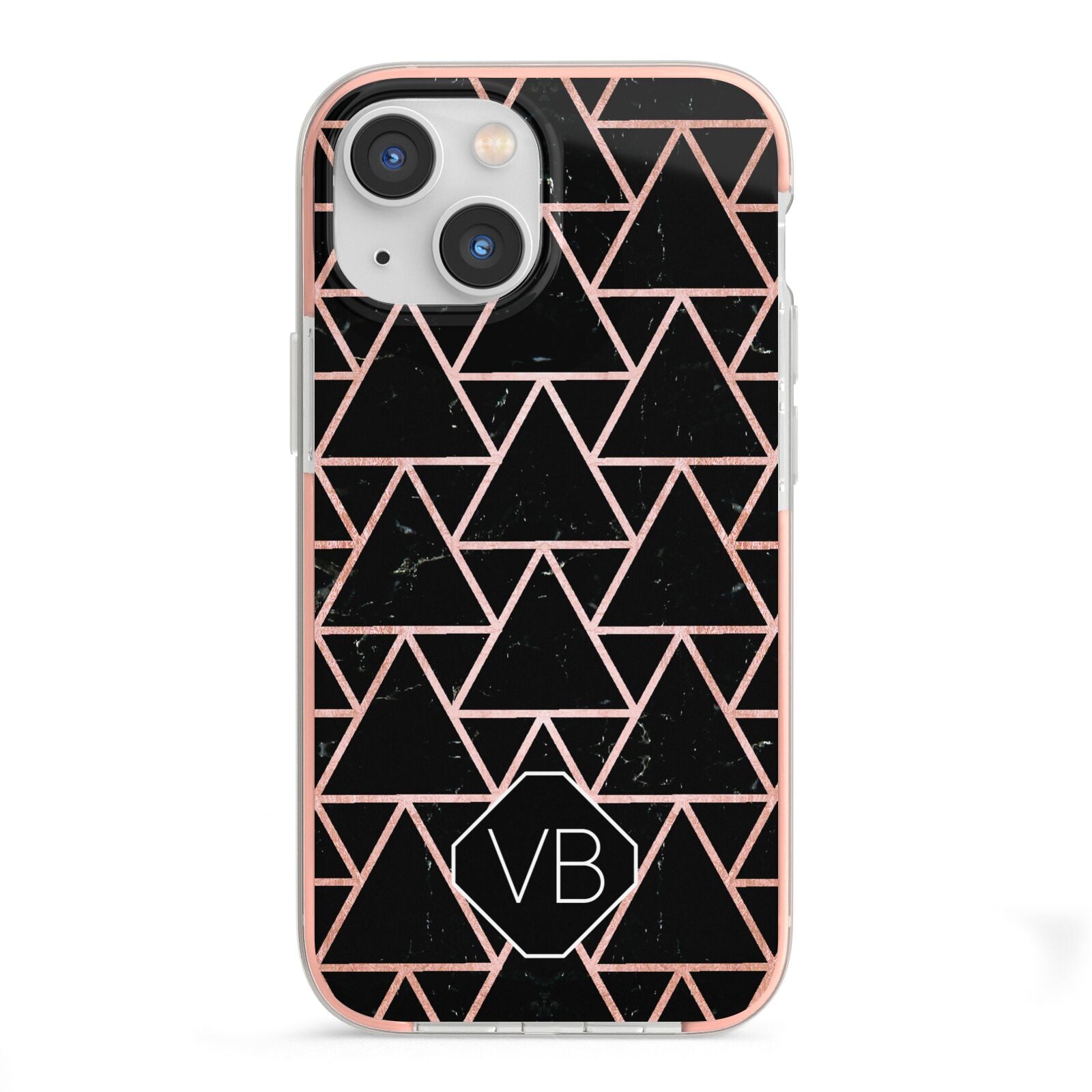 Personalised Rose Gold Triangle Marble iPhone 13 Mini TPU Impact Case with Pink Edges