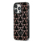Personalised Rose Gold Triangle Marble iPhone 13 Pro Black Impact Case Side Angle on Silver phone