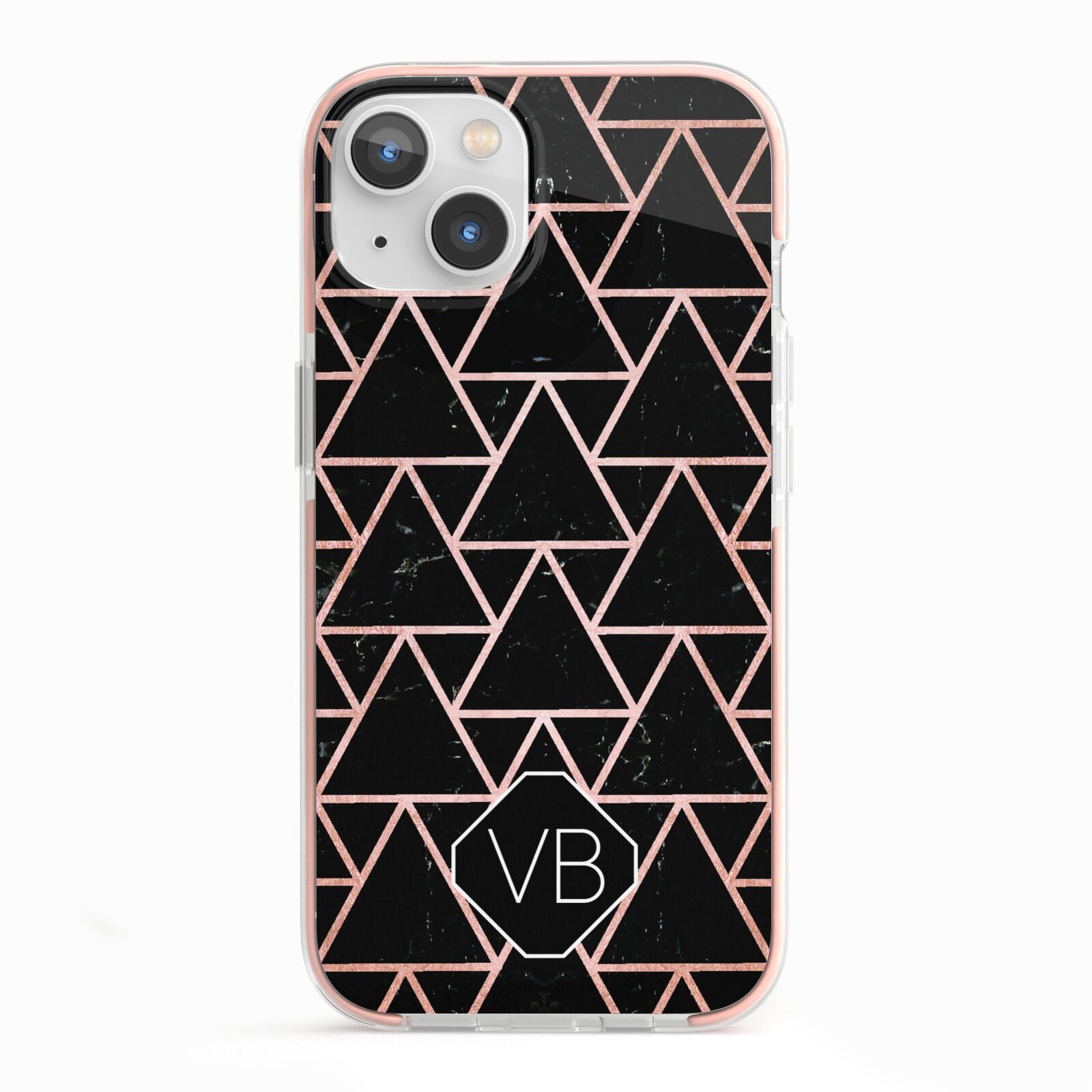 Personalised Rose Gold Triangle Marble iPhone 13 TPU Impact Case with Pink Edges