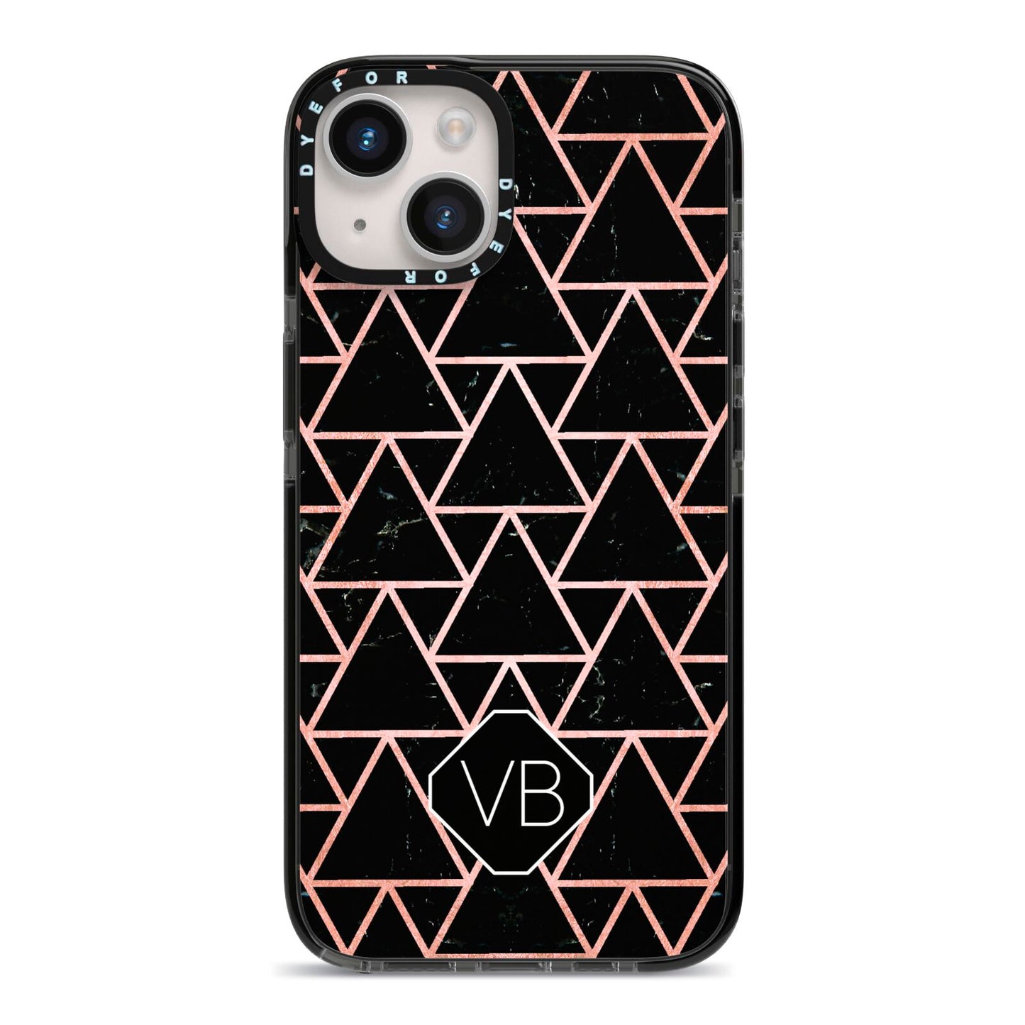 Personalised Rose Gold Triangle Marble iPhone 14 Black Impact Case on Silver phone