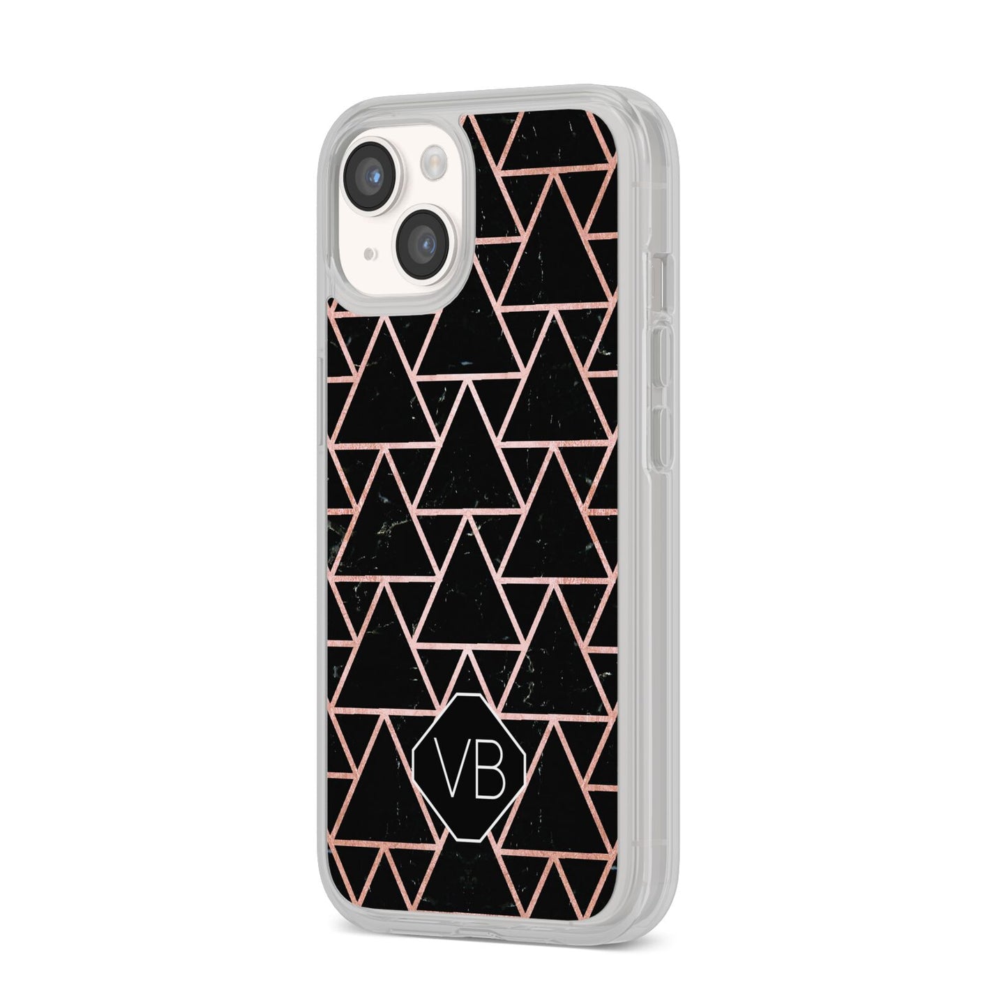 Personalised Rose Gold Triangle Marble iPhone 14 Clear Tough Case Starlight Angled Image