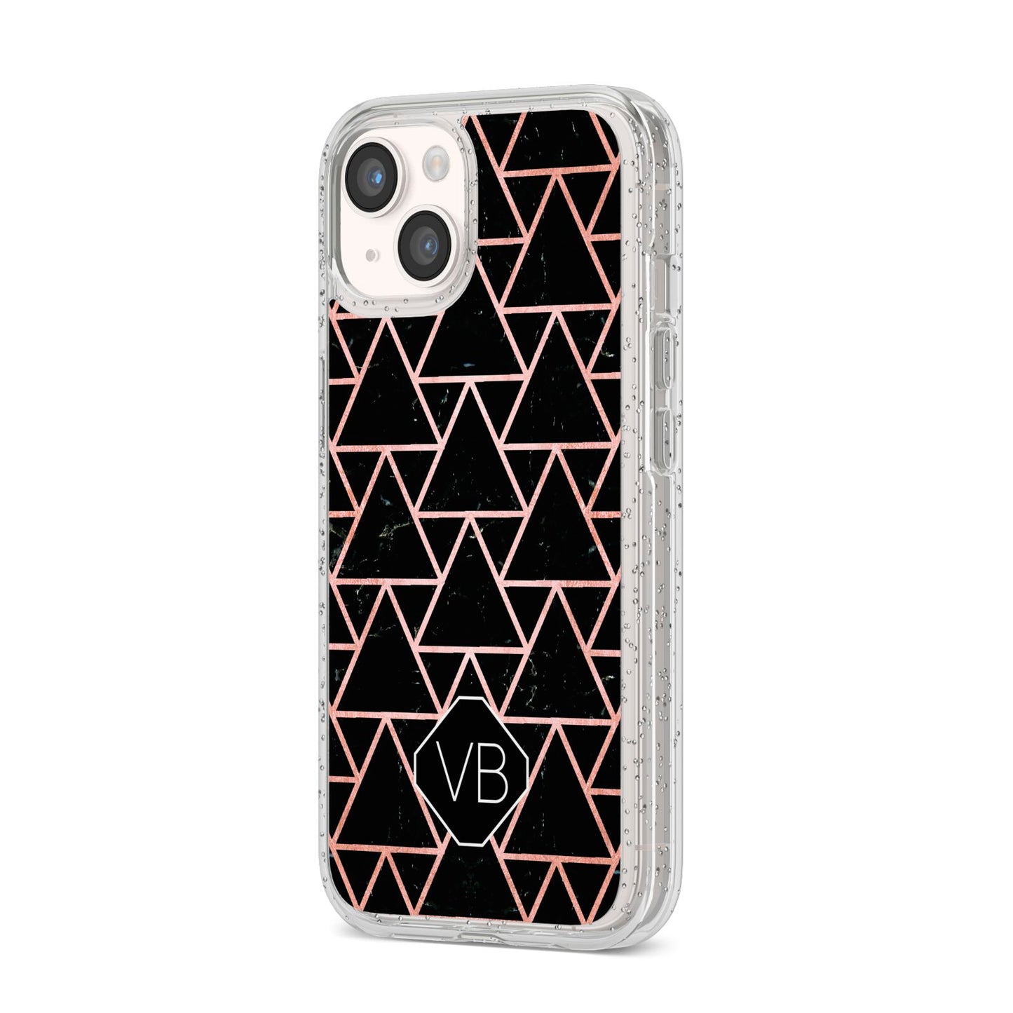 Personalised Rose Gold Triangle Marble iPhone 14 Glitter Tough Case Starlight Angled Image