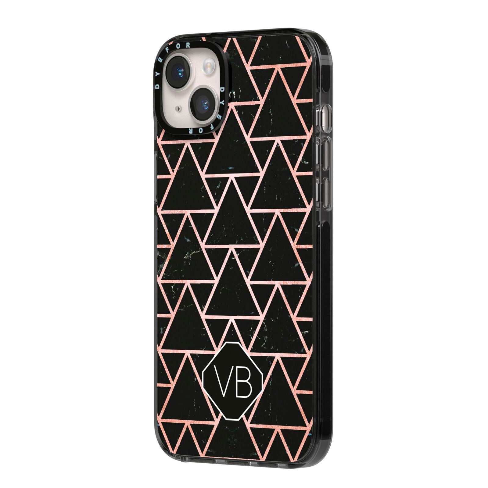 Personalised Rose Gold Triangle Marble iPhone 14 Plus Black Impact Case Side Angle on Silver phone