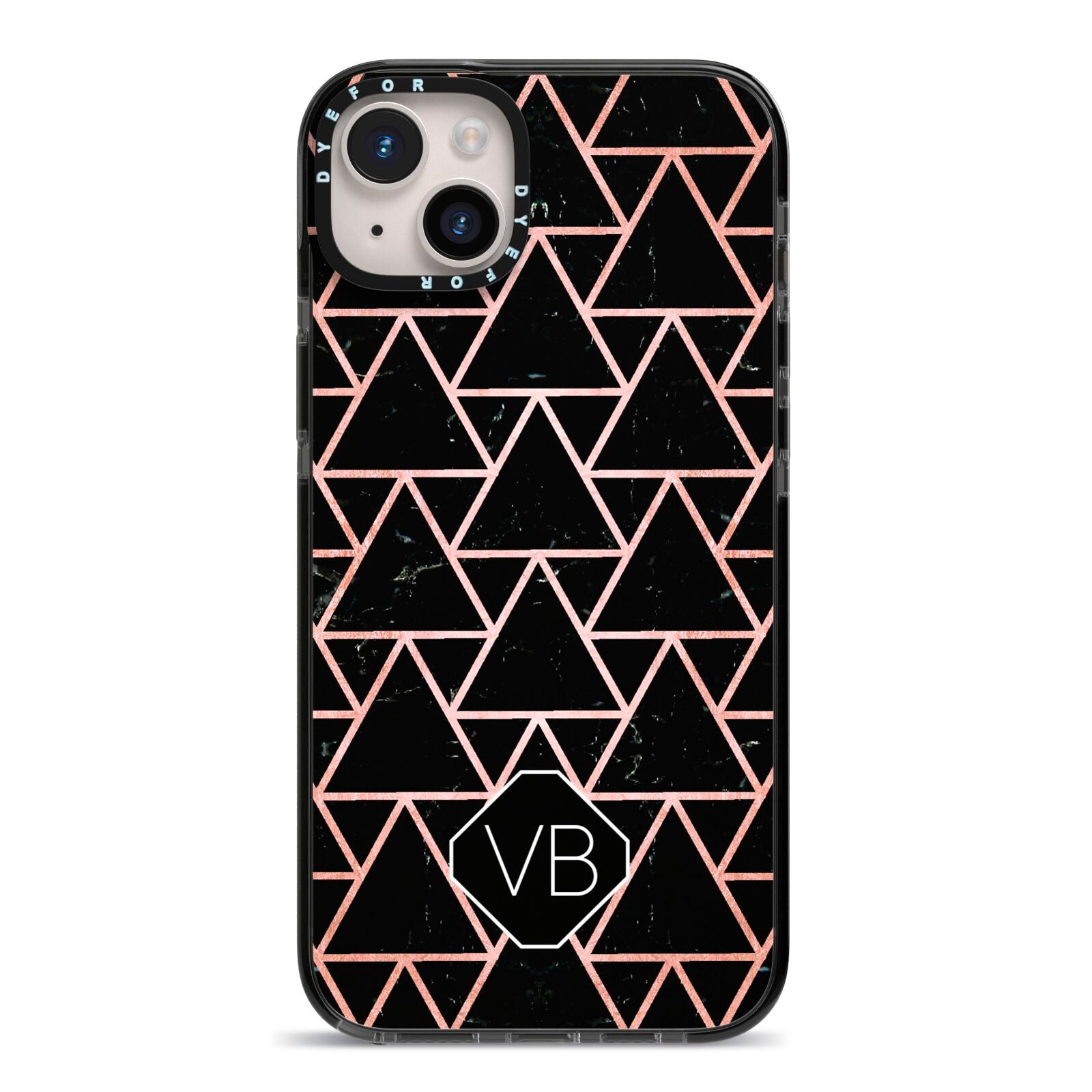 Personalised Rose Gold Triangle Marble iPhone 14 Plus Black Impact Case on Silver phone