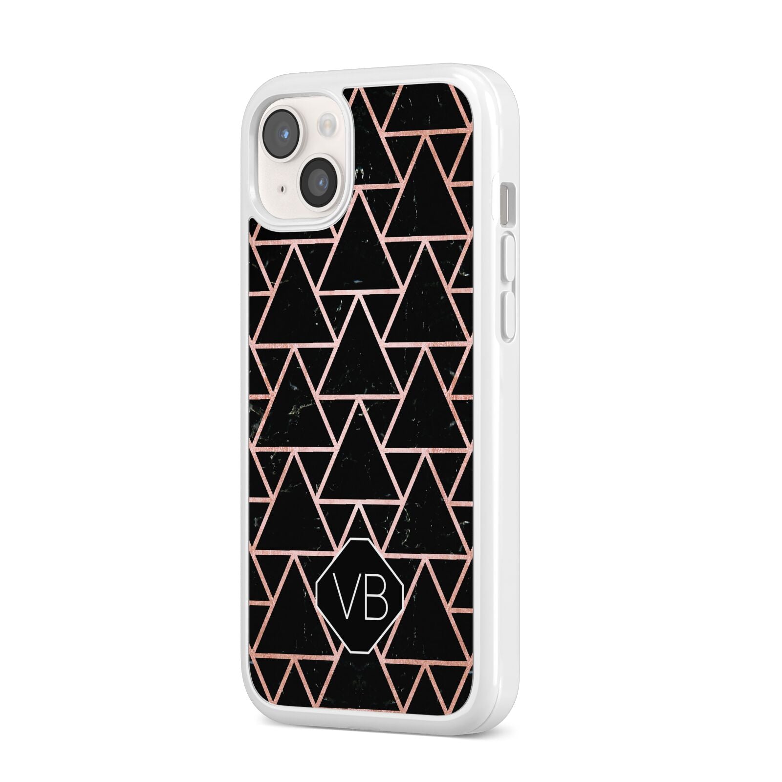 Personalised Rose Gold Triangle Marble iPhone 14 Plus Clear Tough Case Starlight Angled Image