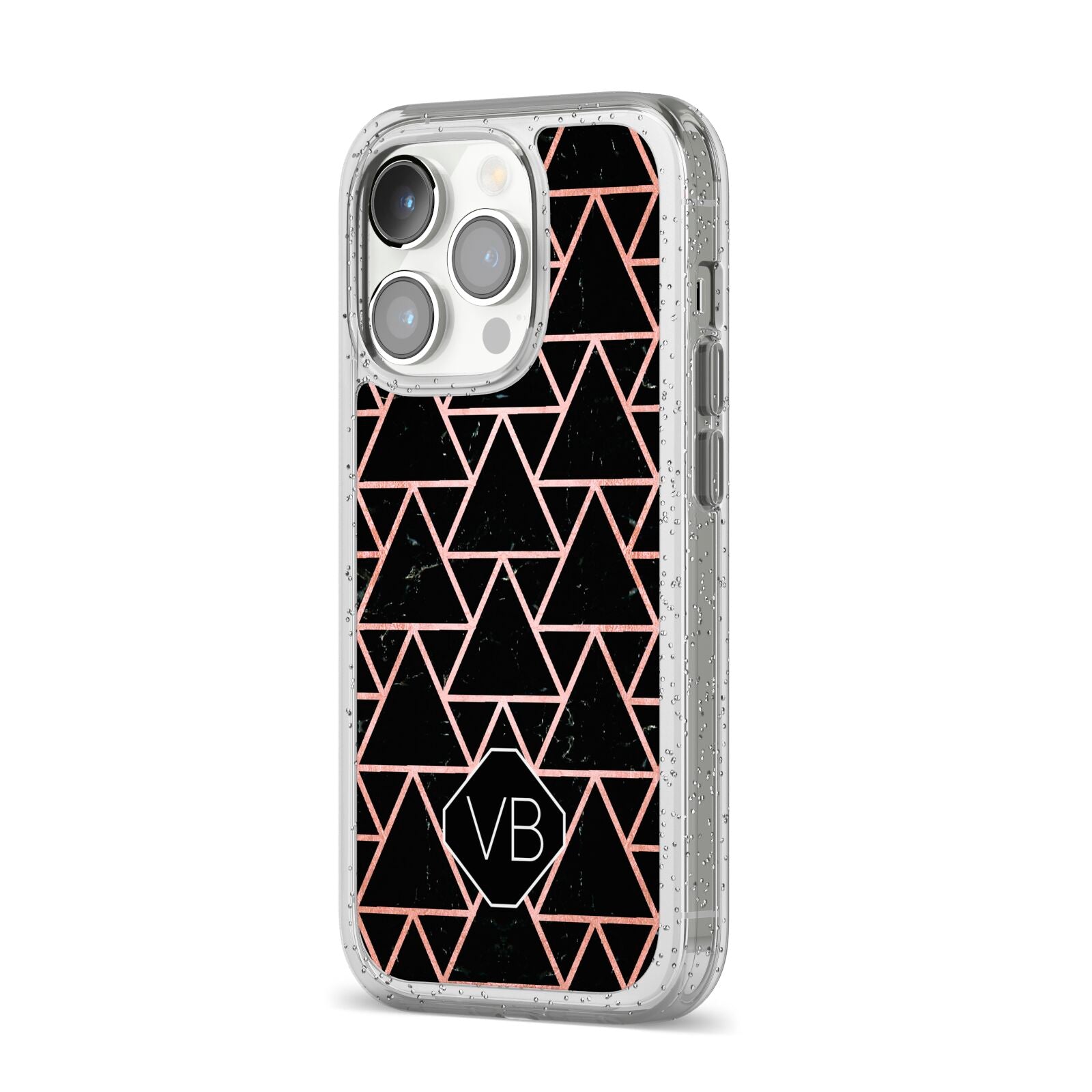 Personalised Rose Gold Triangle Marble iPhone 14 Pro Glitter Tough Case Silver Angled Image