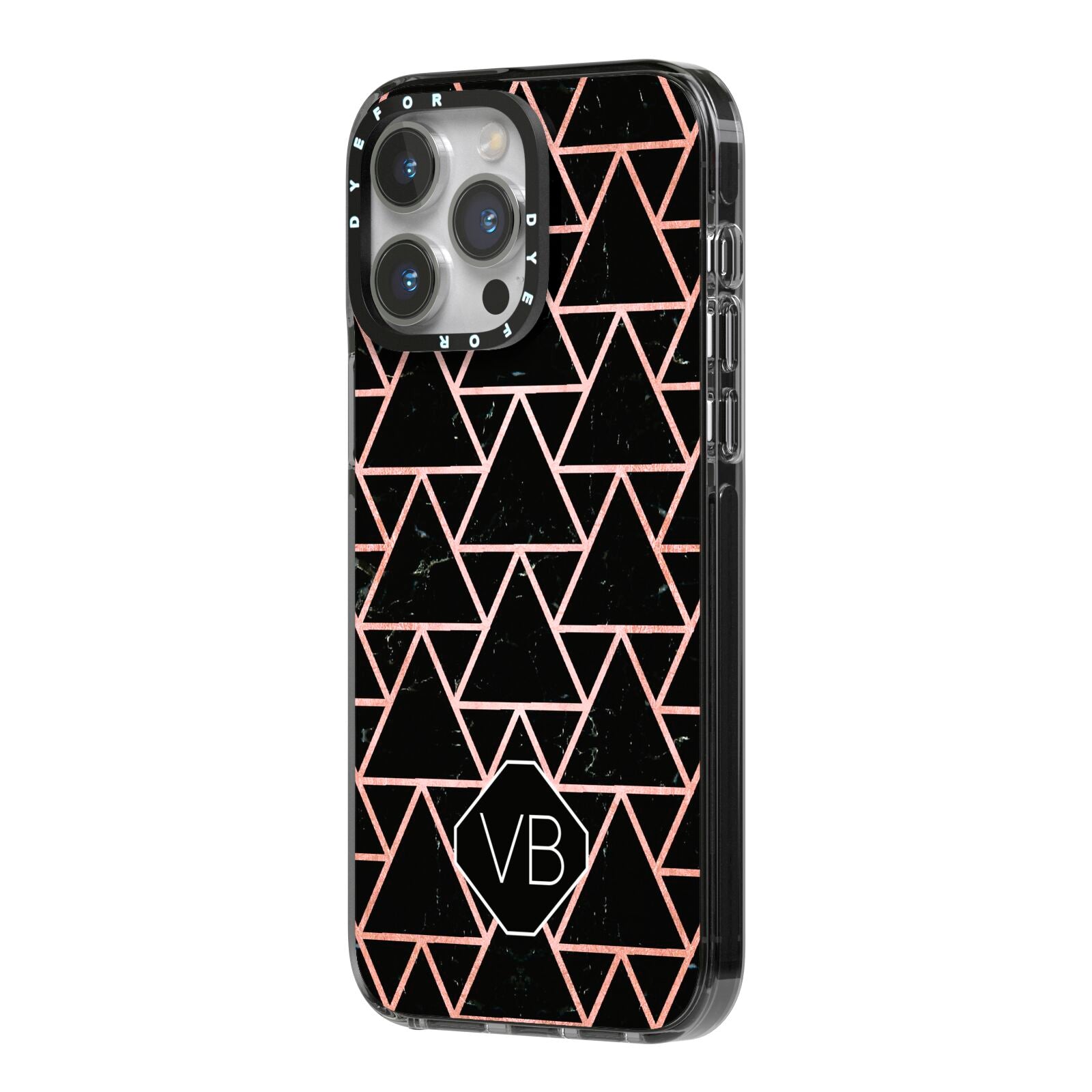 Personalised Rose Gold Triangle Marble iPhone 14 Pro Max Black Impact Case Side Angle on Silver phone