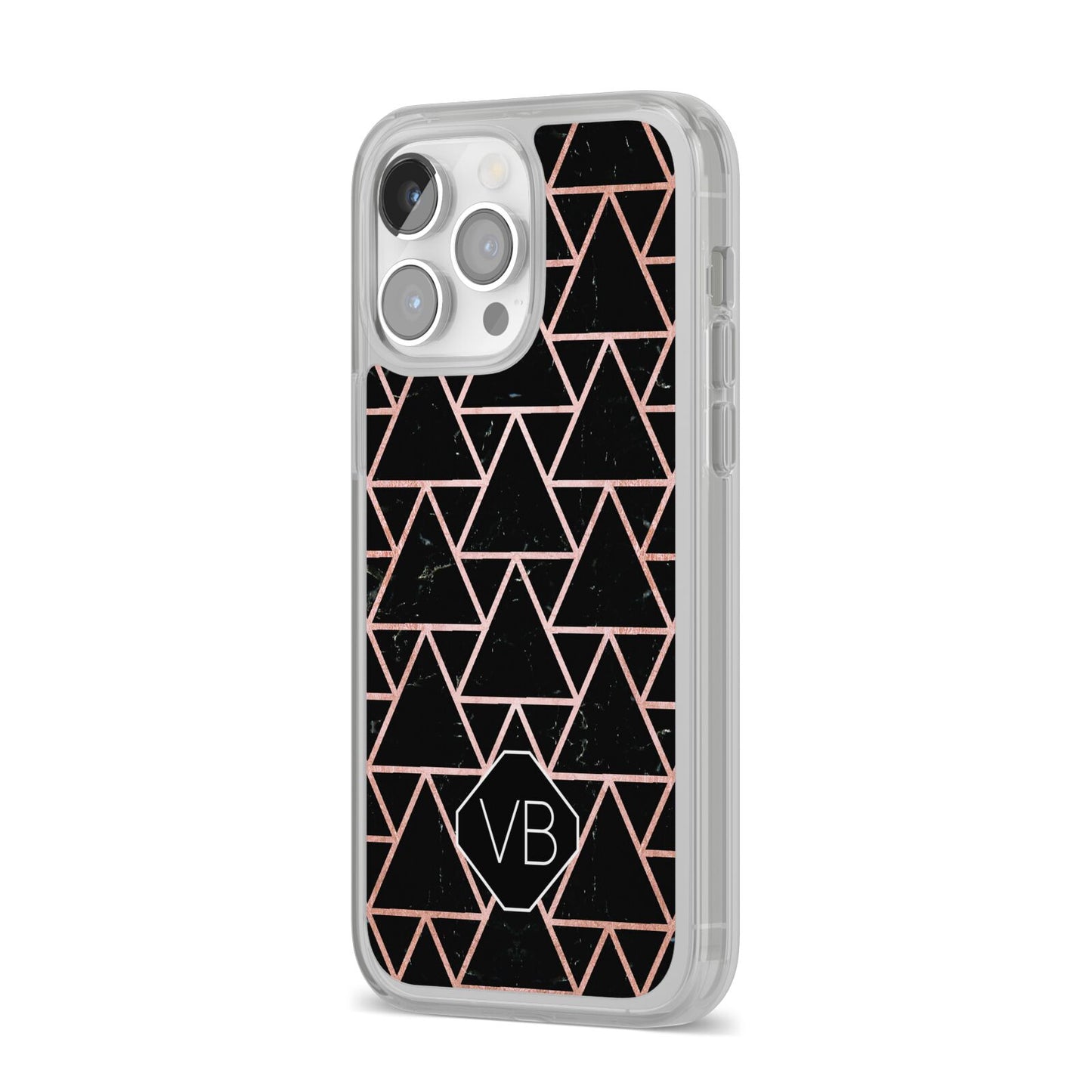 Personalised Rose Gold Triangle Marble iPhone 14 Pro Max Clear Tough Case Silver Angled Image