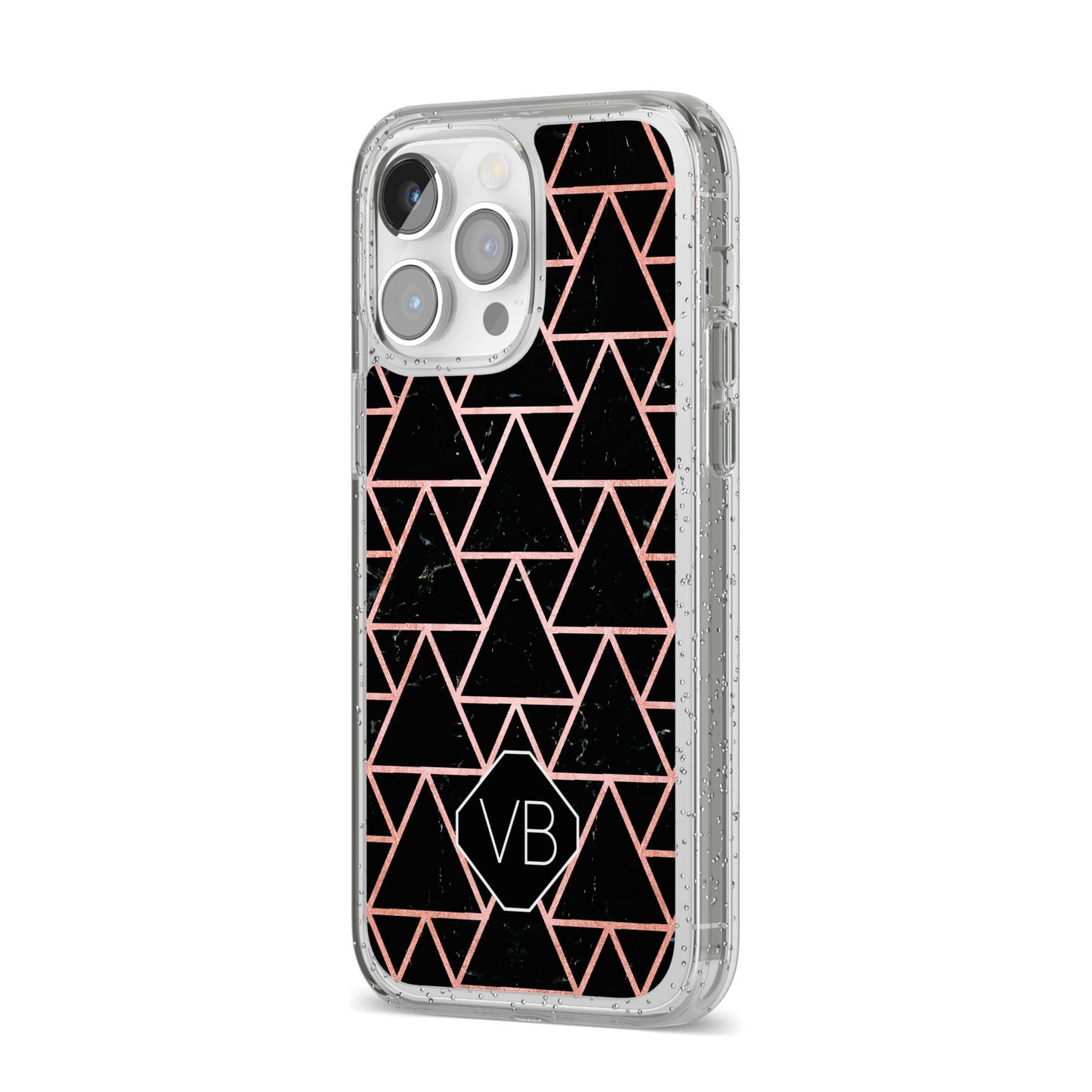 Personalised Rose Gold Triangle Marble iPhone 14 Pro Max Glitter Tough Case Silver Angled Image