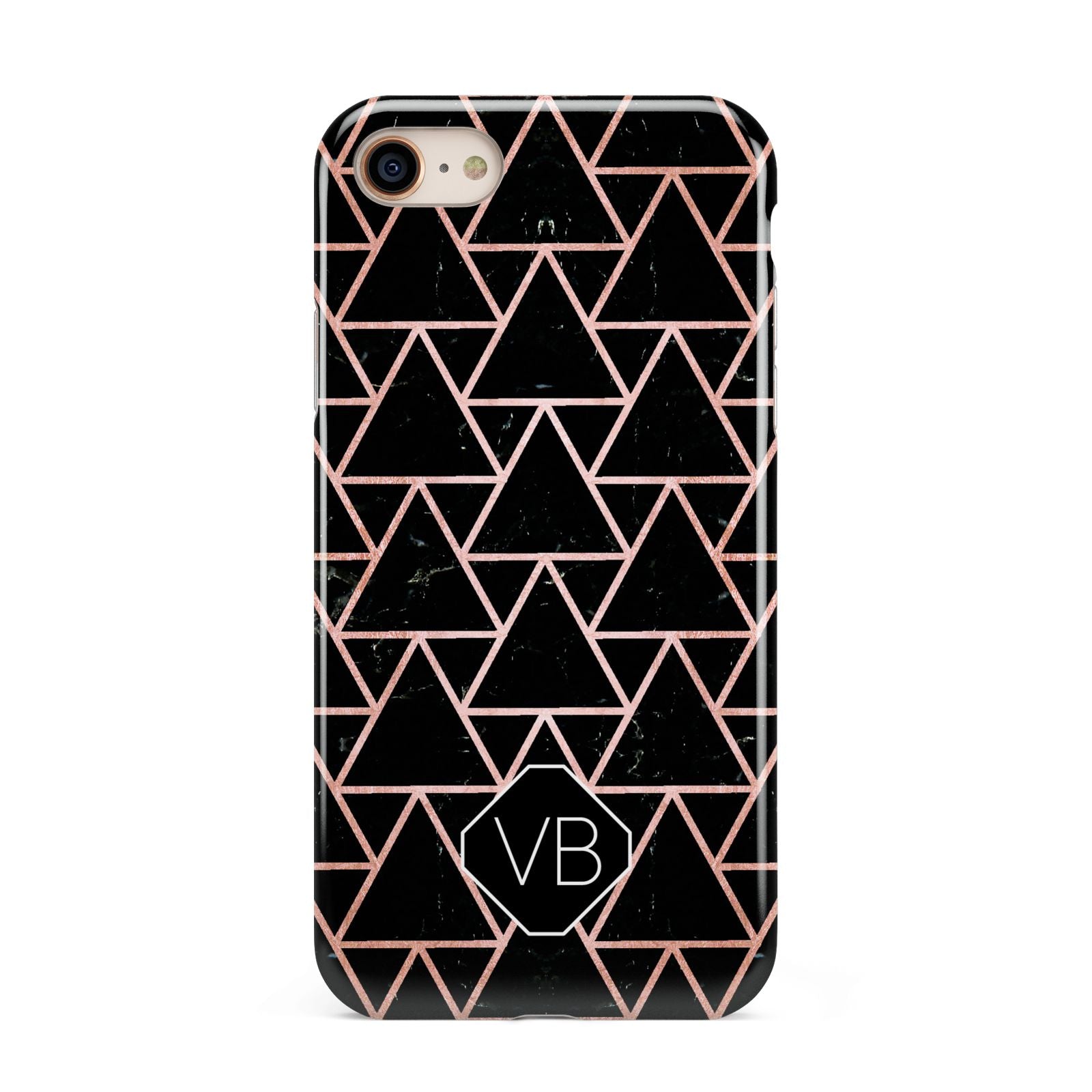 Personalised Rose Gold Triangle Marble iPhone 8 3D Tough Case on Gold Phone