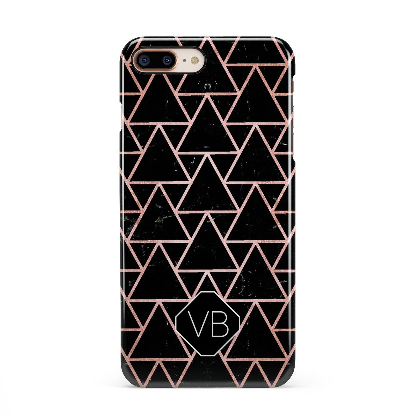 Personalised Rose Gold Triangle Marble iPhone 8 Plus 3D Snap Case on Gold Phone