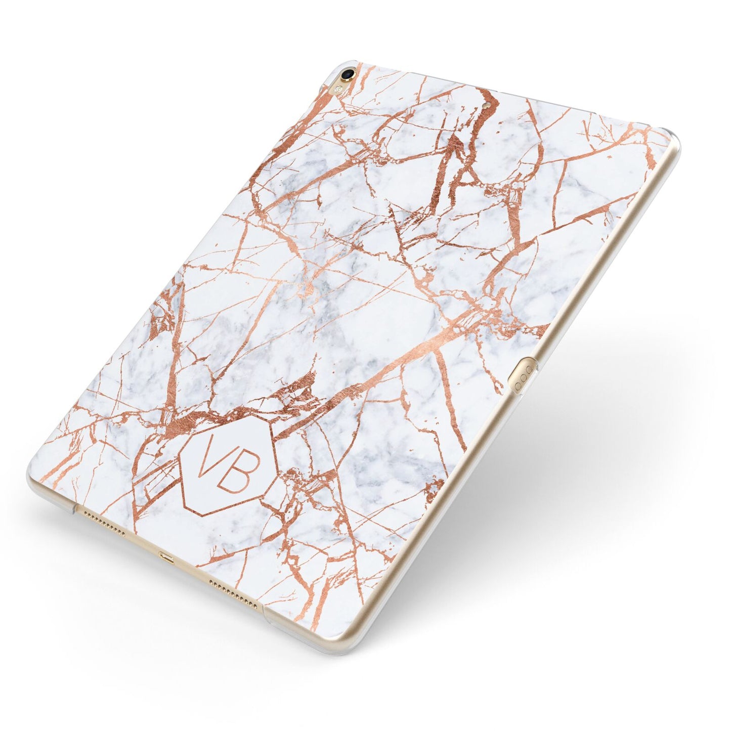 Personalised Rose Gold Vein Marble Initials Apple iPad Case on Gold iPad Side View