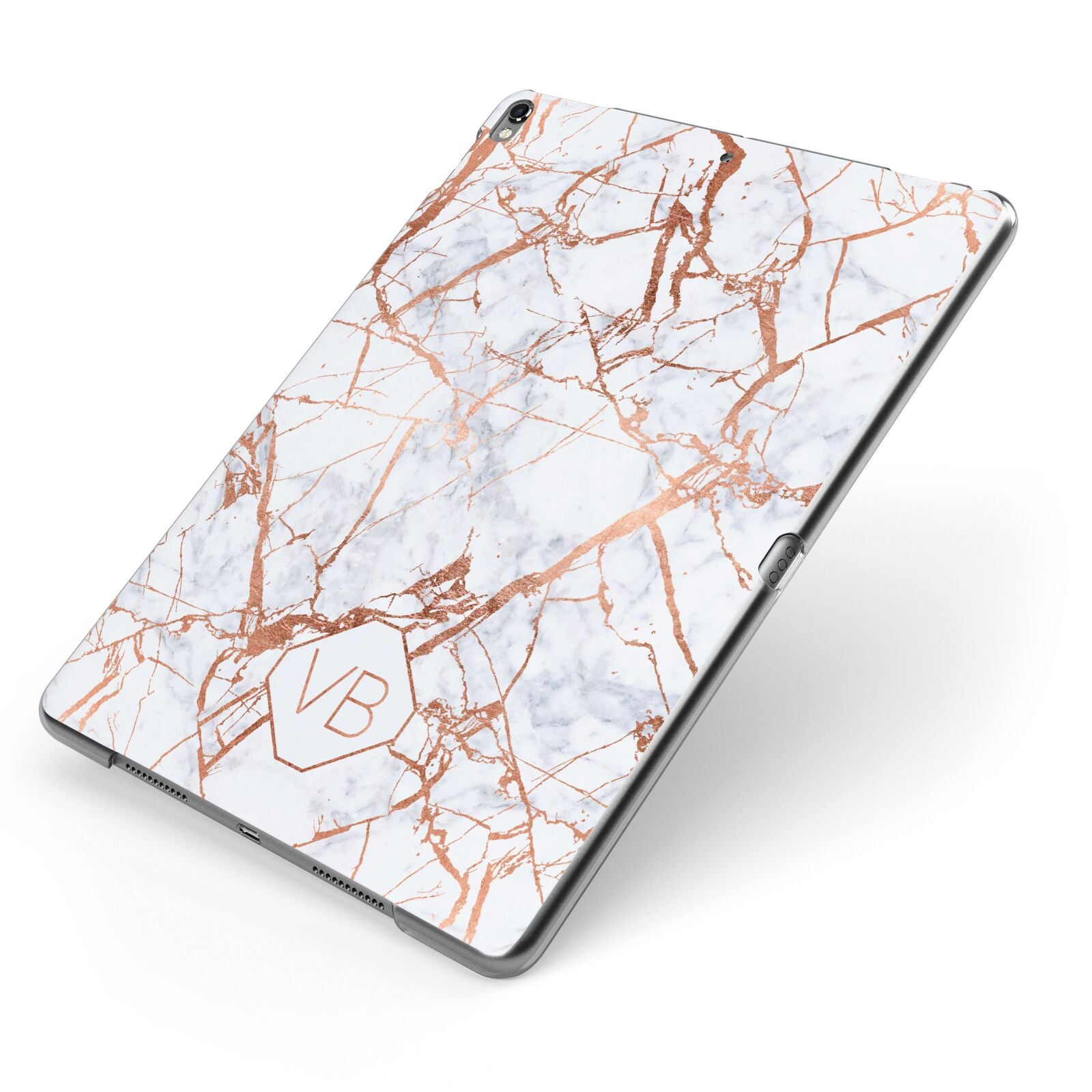 Personalised Rose Gold Vein Marble Initials Apple iPad Case on Grey iPad Side View