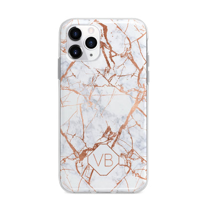 Personalised Rose Gold Vein Marble Initials Apple iPhone 11 Pro Max in Silver with Bumper Case