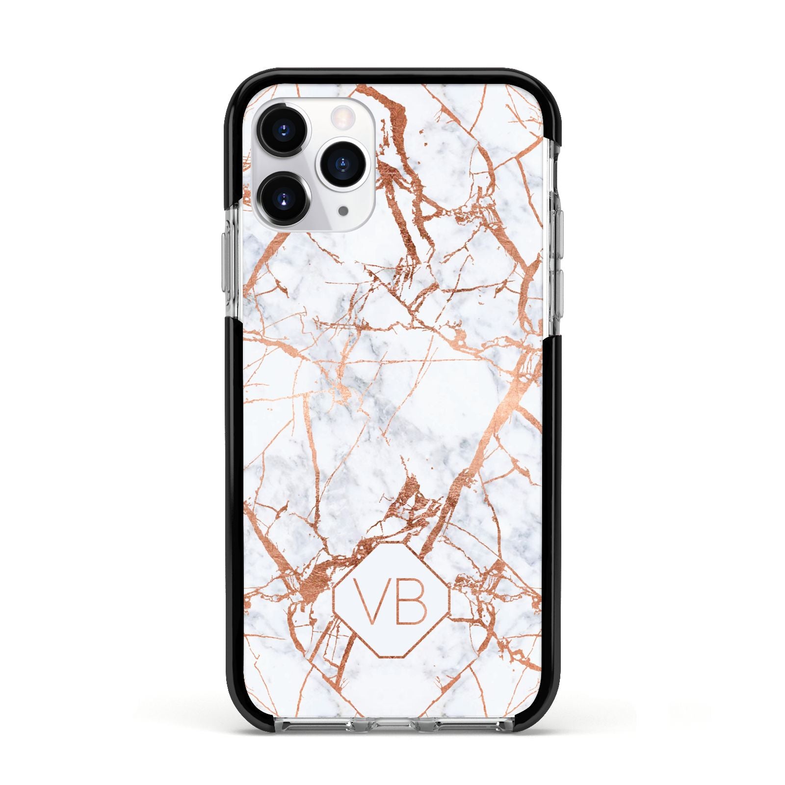 Personalised Rose Gold Vein Marble Initials Apple iPhone 11 Pro in Silver with Black Impact Case