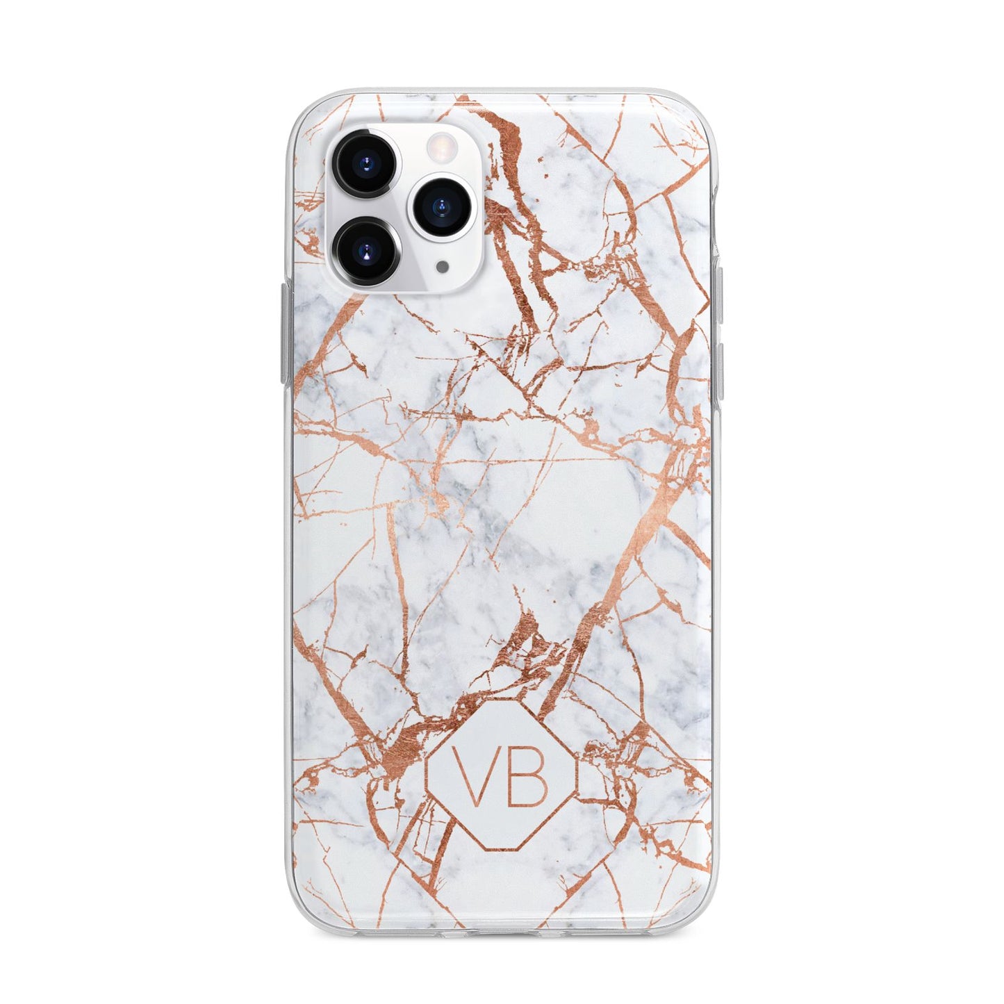 Personalised Rose Gold Vein Marble Initials Apple iPhone 11 Pro in Silver with Bumper Case
