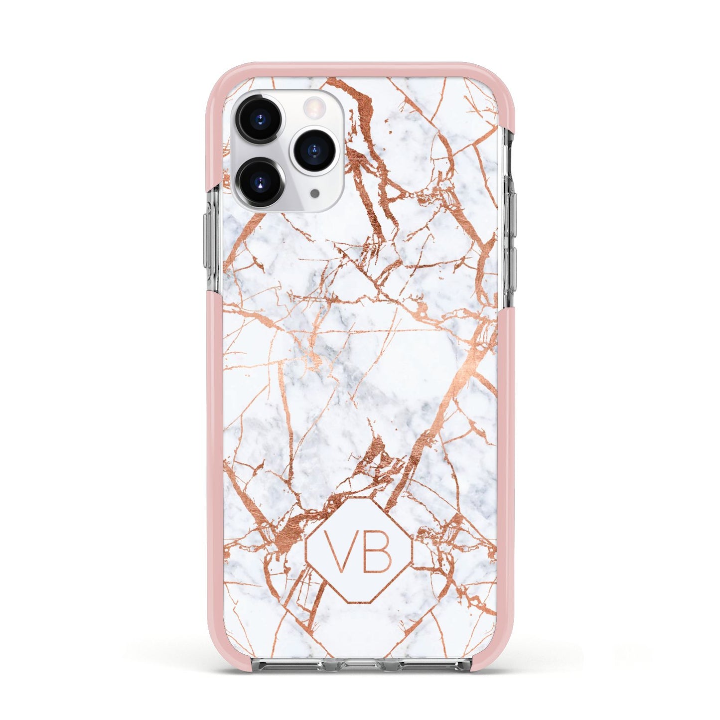 Personalised Rose Gold Vein Marble Initials Apple iPhone 11 Pro in Silver with Pink Impact Case