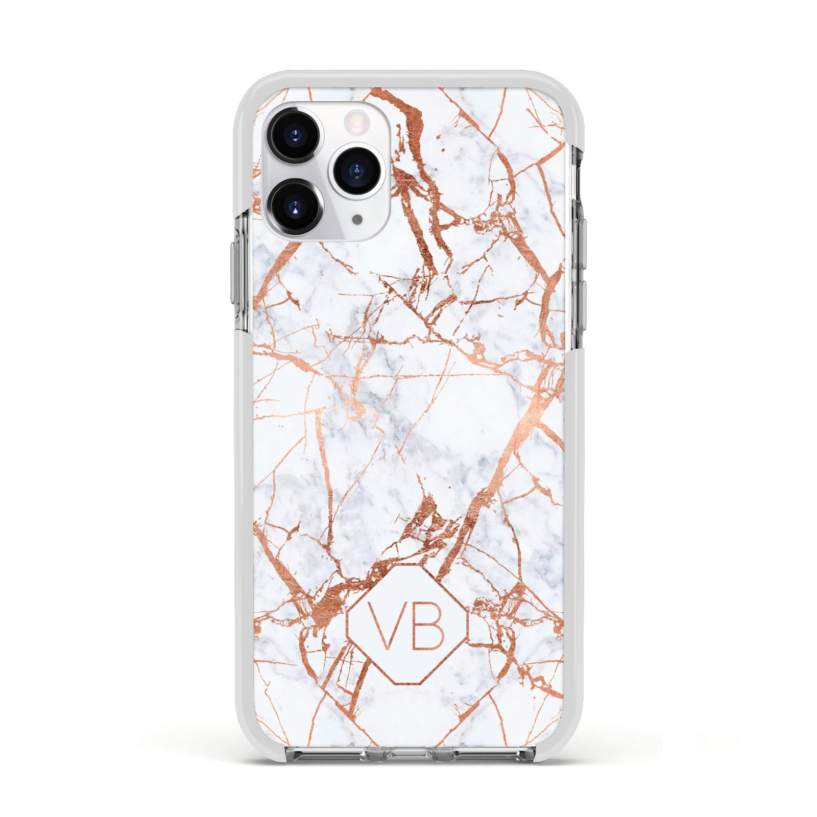 Personalised Rose Gold Vein Marble Initials Apple iPhone 11 Pro in Silver with White Impact Case