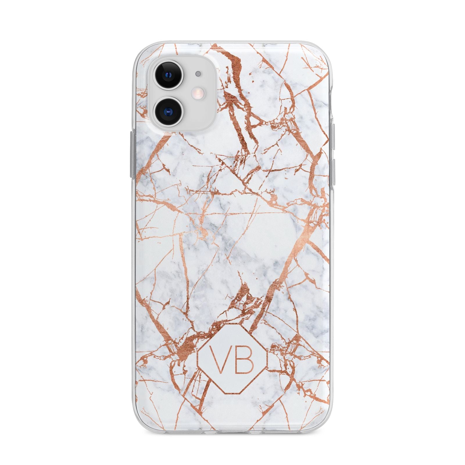 Personalised Rose Gold Vein Marble Initials Apple iPhone 11 in White with Bumper Case