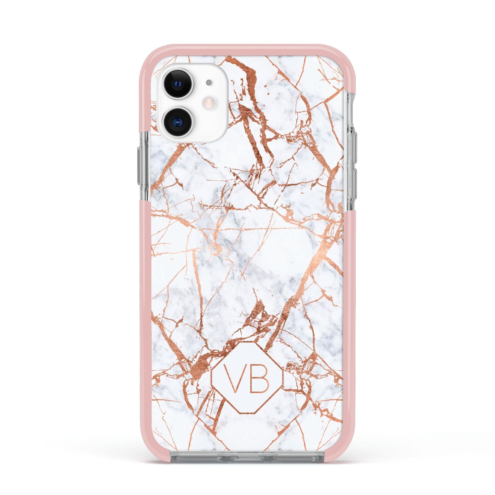 Personalised Rose Gold Vein Marble Initials Apple iPhone 11 in White with Pink Impact Case
