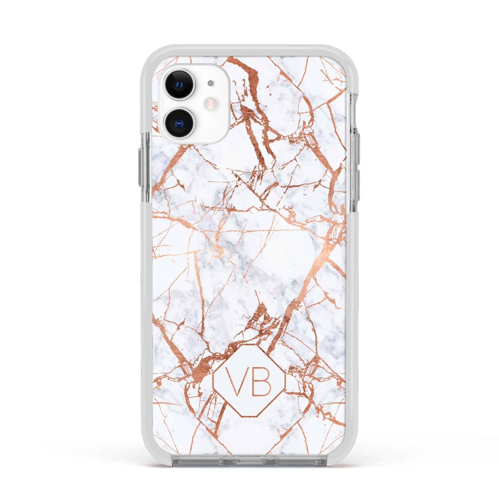 Personalised Rose Gold Vein Marble Initials Apple iPhone 11 in White with White Impact Case
