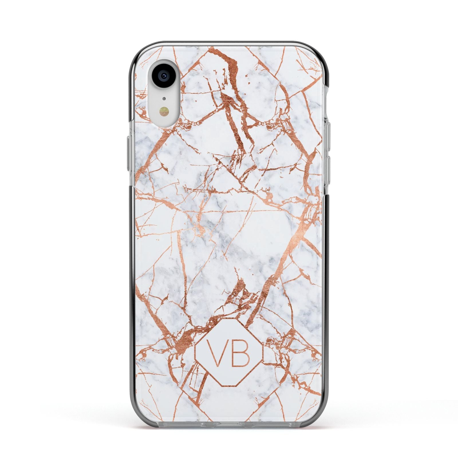 Personalised Rose Gold Vein Marble Initials Apple iPhone XR Impact Case Black Edge on Silver Phone