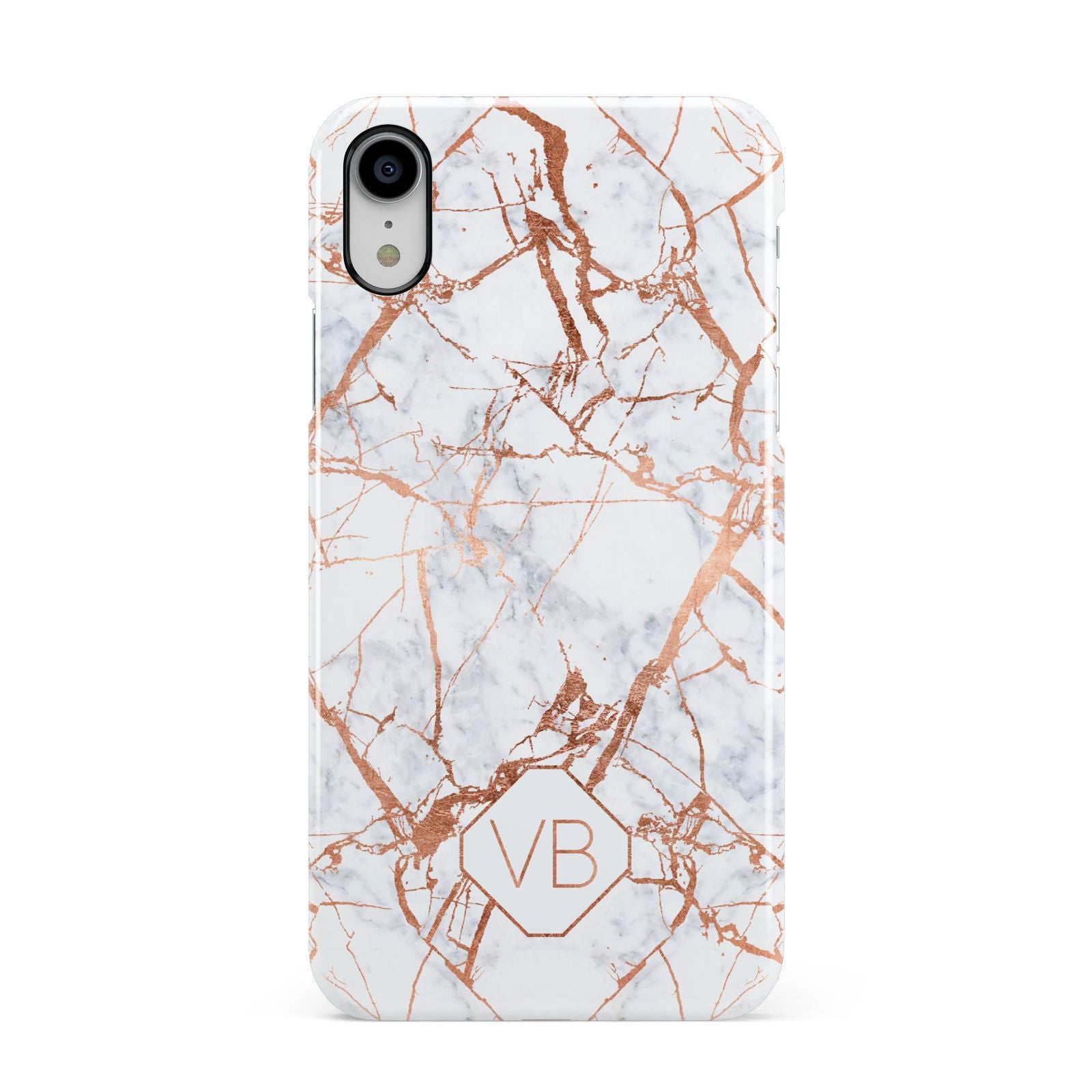 Personalised Rose Gold Vein Marble Initials Apple iPhone XR White 3D Snap Case