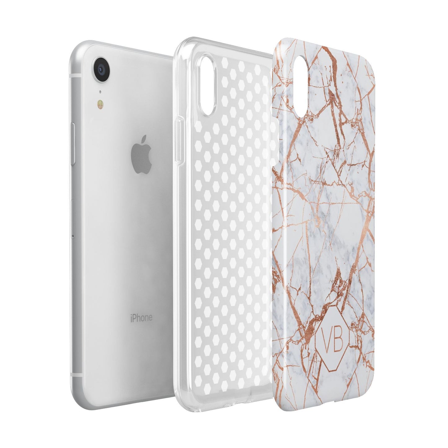 Personalised Rose Gold Vein Marble Initials Apple iPhone XR White 3D Tough Case Expanded view