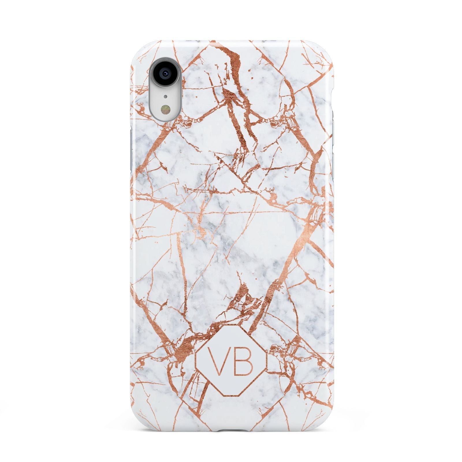 Personalised Rose Gold Vein Marble Initials Apple iPhone XR White 3D Tough Case