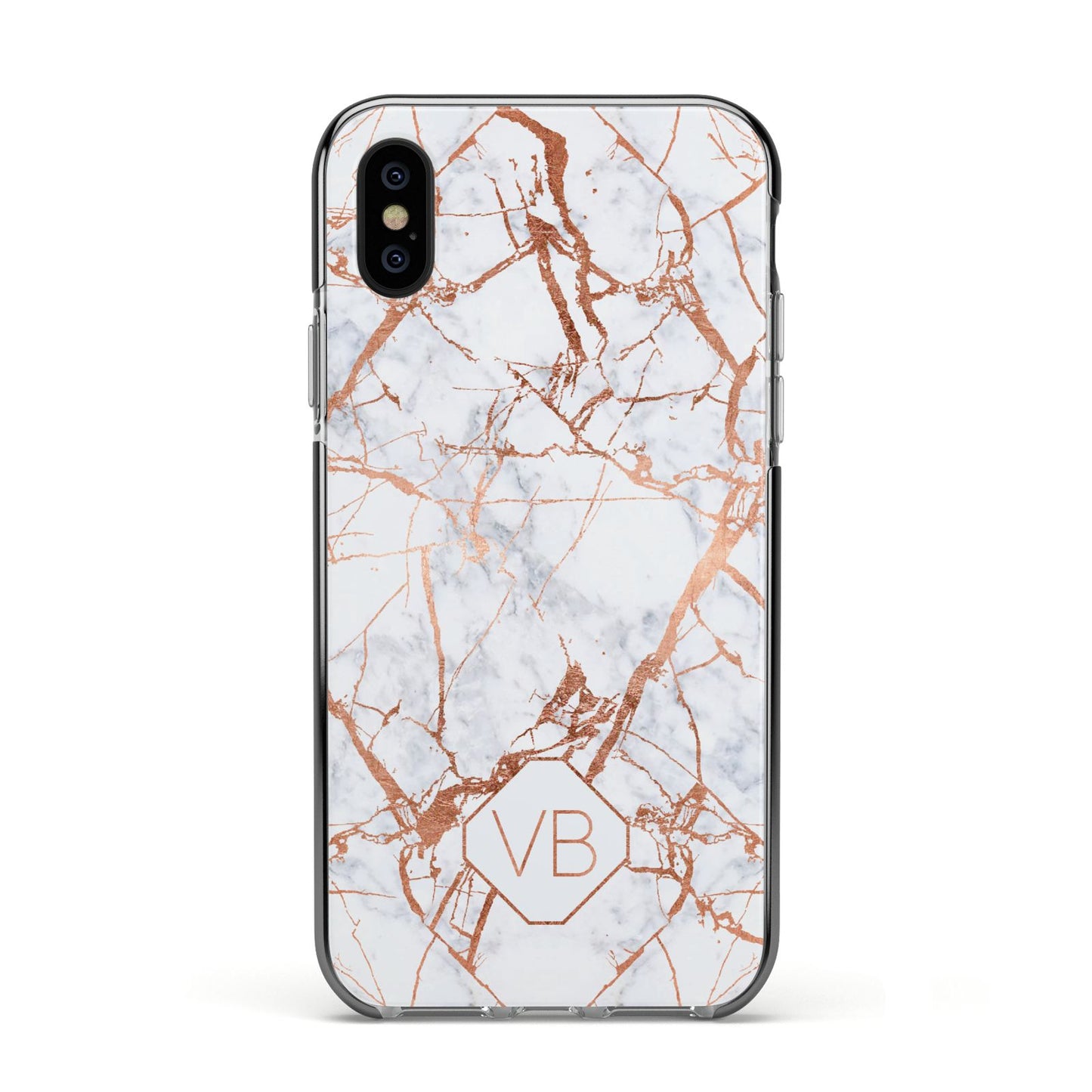 Personalised Rose Gold Vein Marble Initials Apple iPhone Xs Impact Case Black Edge on Black Phone