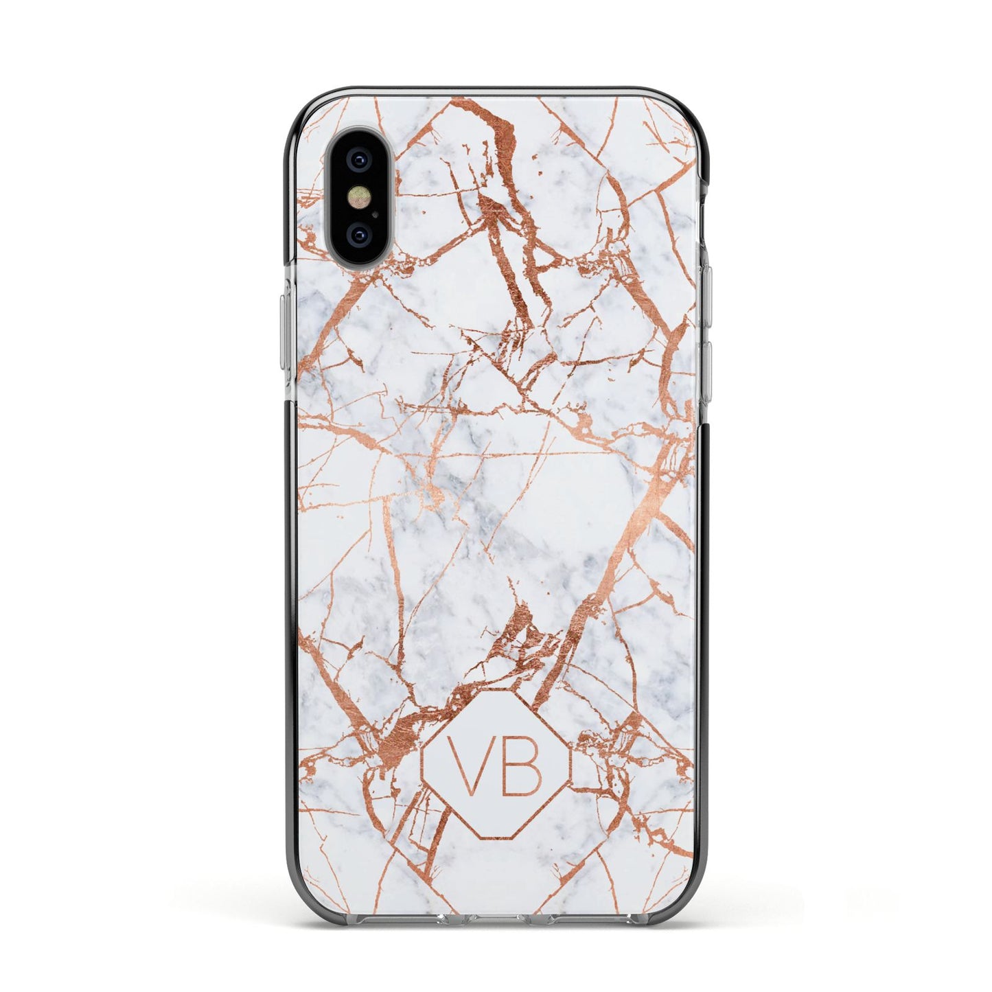 Personalised Rose Gold Vein Marble Initials Apple iPhone Xs Impact Case Black Edge on Silver Phone