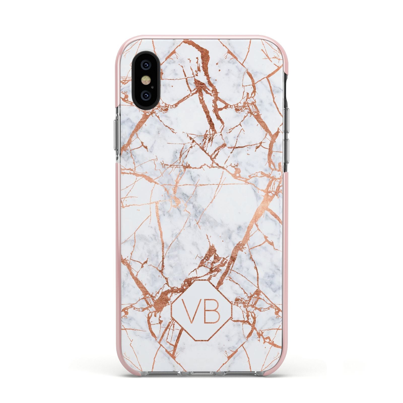 Personalised Rose Gold Vein Marble Initials Apple iPhone Xs Impact Case Pink Edge on Black Phone