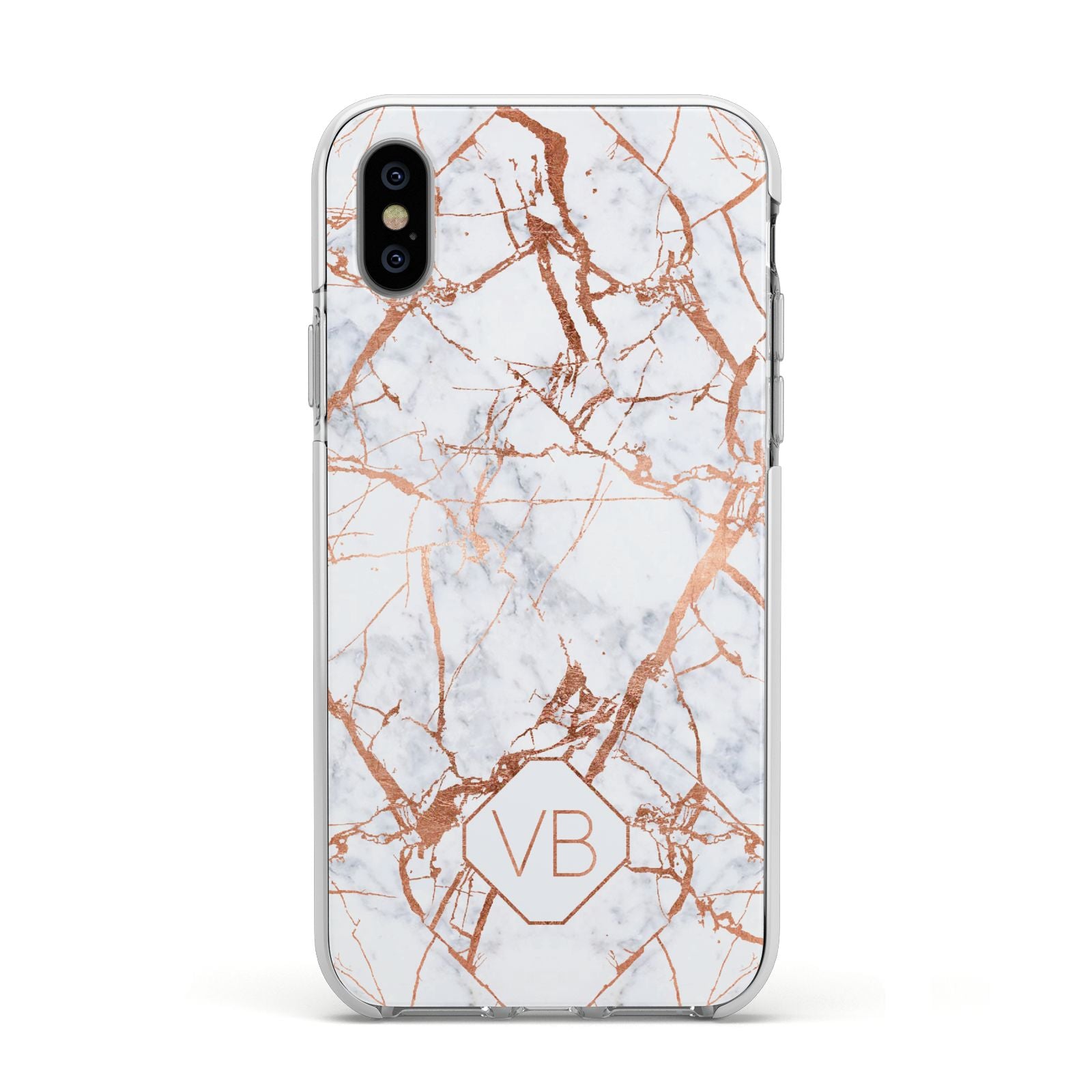 Personalised Rose Gold Vein Marble Initials Apple iPhone Xs Impact Case White Edge on Silver Phone