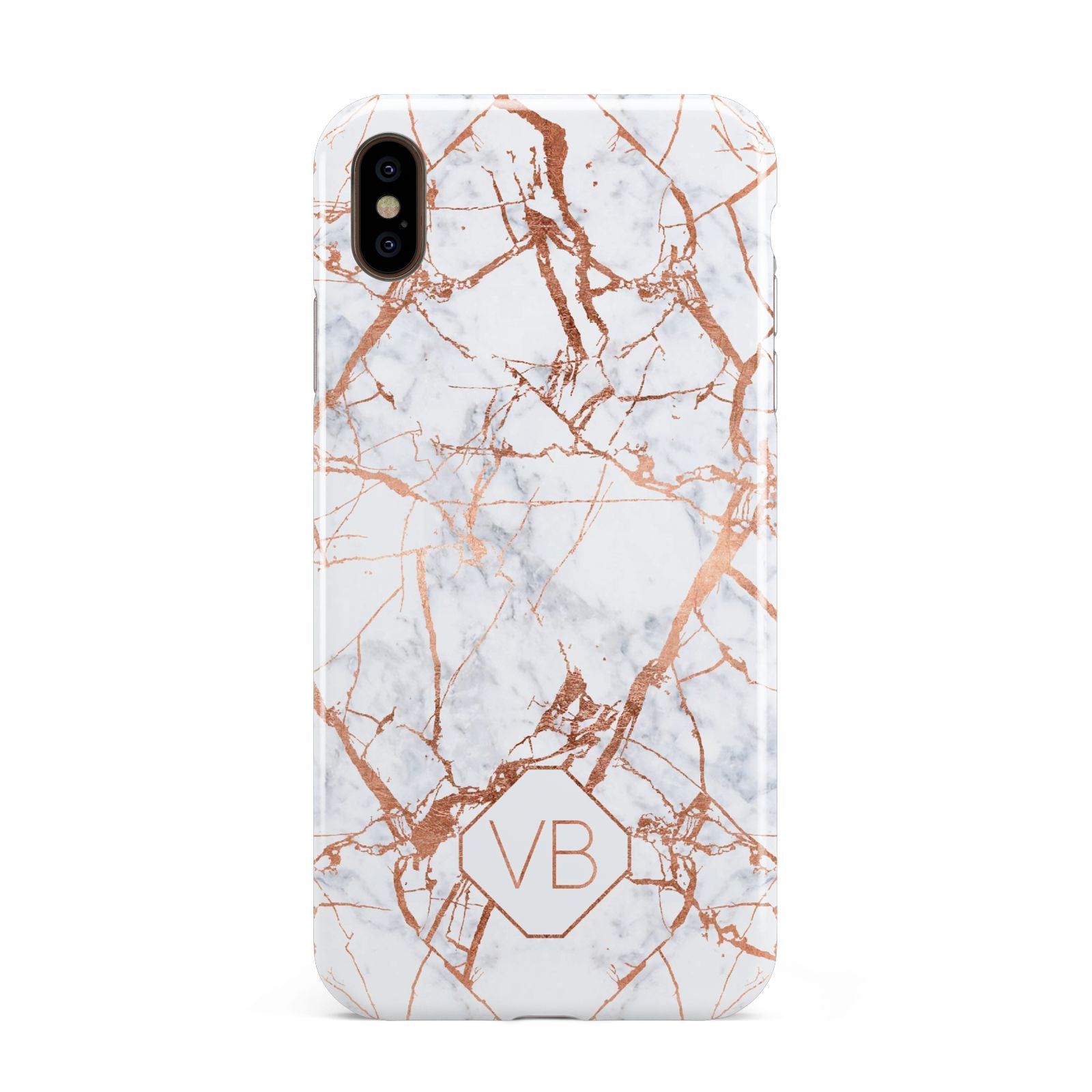 Personalised Rose Gold Vein Marble Initials Apple iPhone Xs Max 3D Tough Case