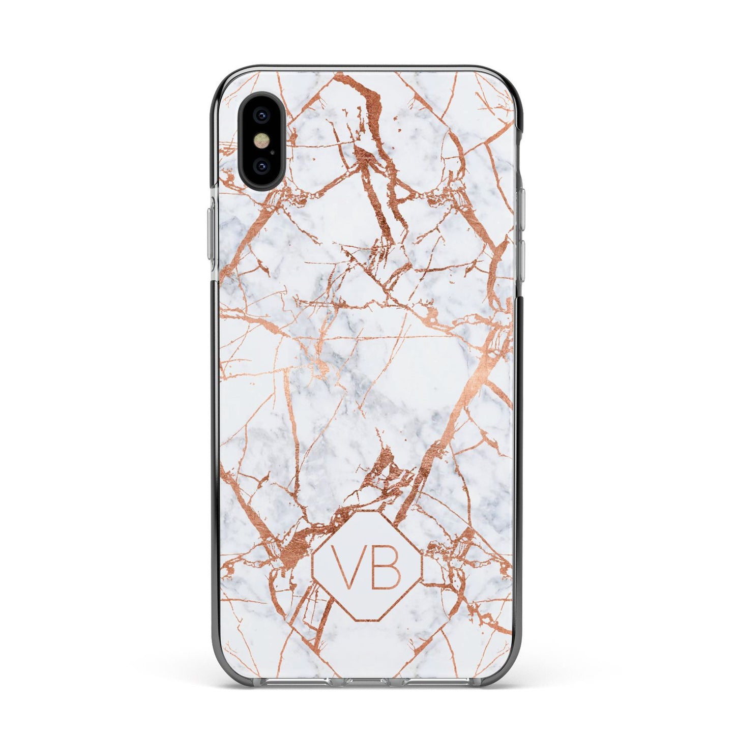 Personalised Rose Gold Vein Marble Initials Apple iPhone Xs Max Impact Case Black Edge on Black Phone