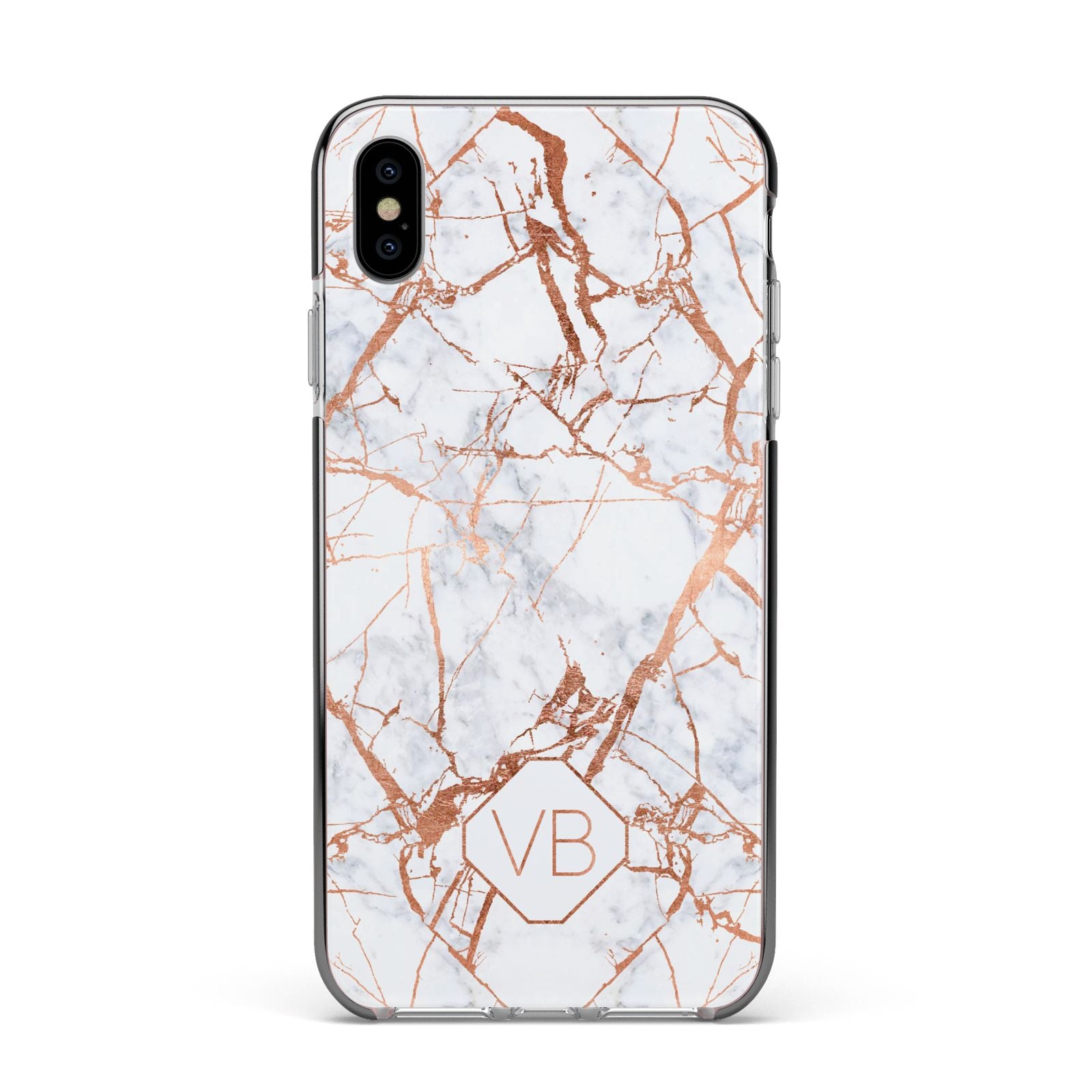 Personalised Rose Gold Vein Marble Initials Apple iPhone Xs Max Impact Case Black Edge on Silver Phone