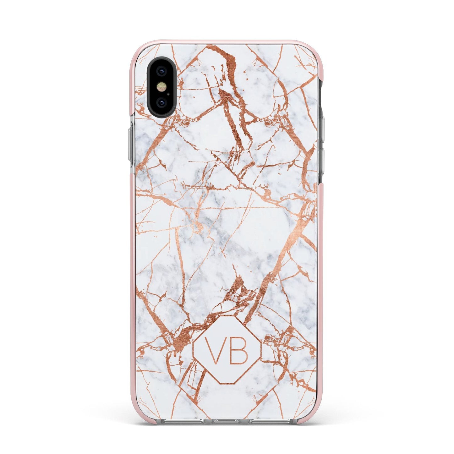 Personalised Rose Gold Vein Marble Initials Apple iPhone Xs Max Impact Case Pink Edge on Black Phone
