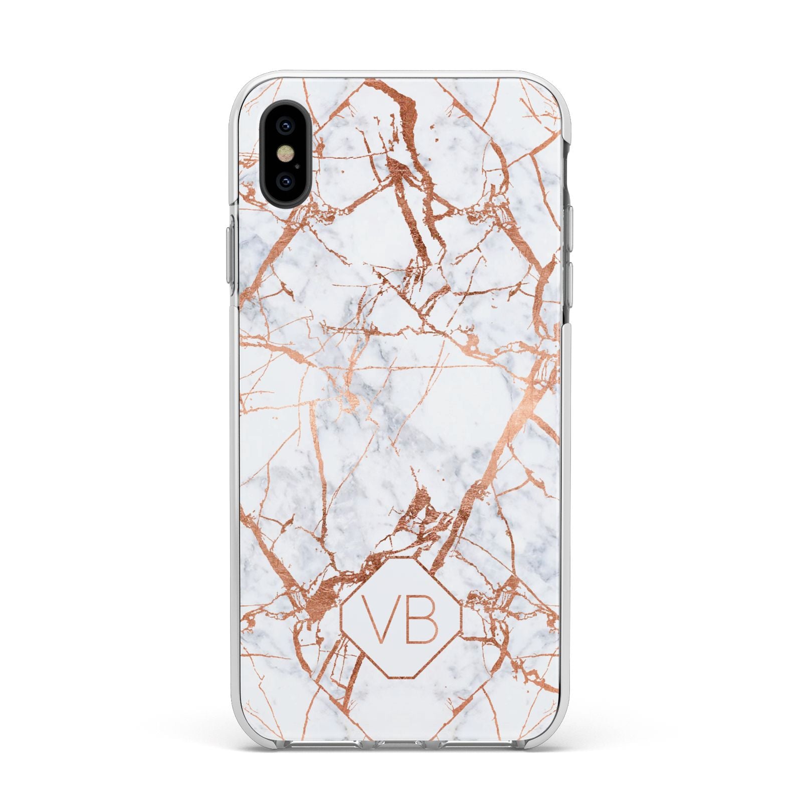 Personalised Rose Gold Vein Marble Initials Apple iPhone Xs Max Impact Case White Edge on Black Phone
