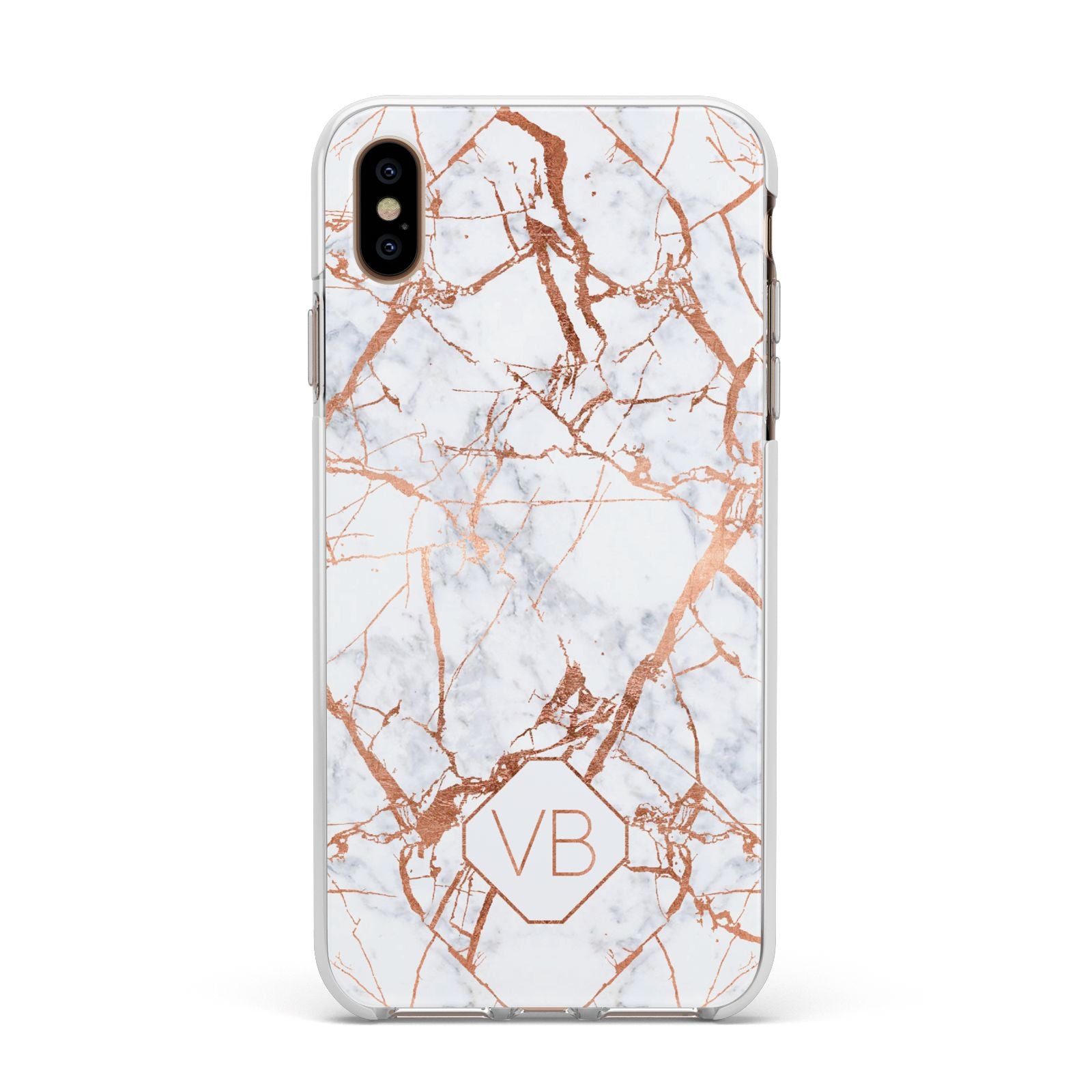 Personalised Rose Gold Vein Marble Initials Apple iPhone Xs Max Impact Case White Edge on Gold Phone