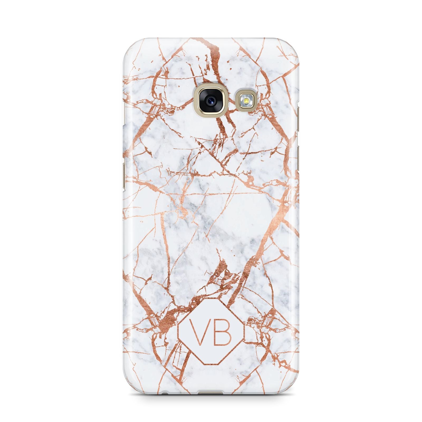 Personalised Rose Gold Vein Marble Initials Samsung Galaxy A3 2017 Case on gold phone