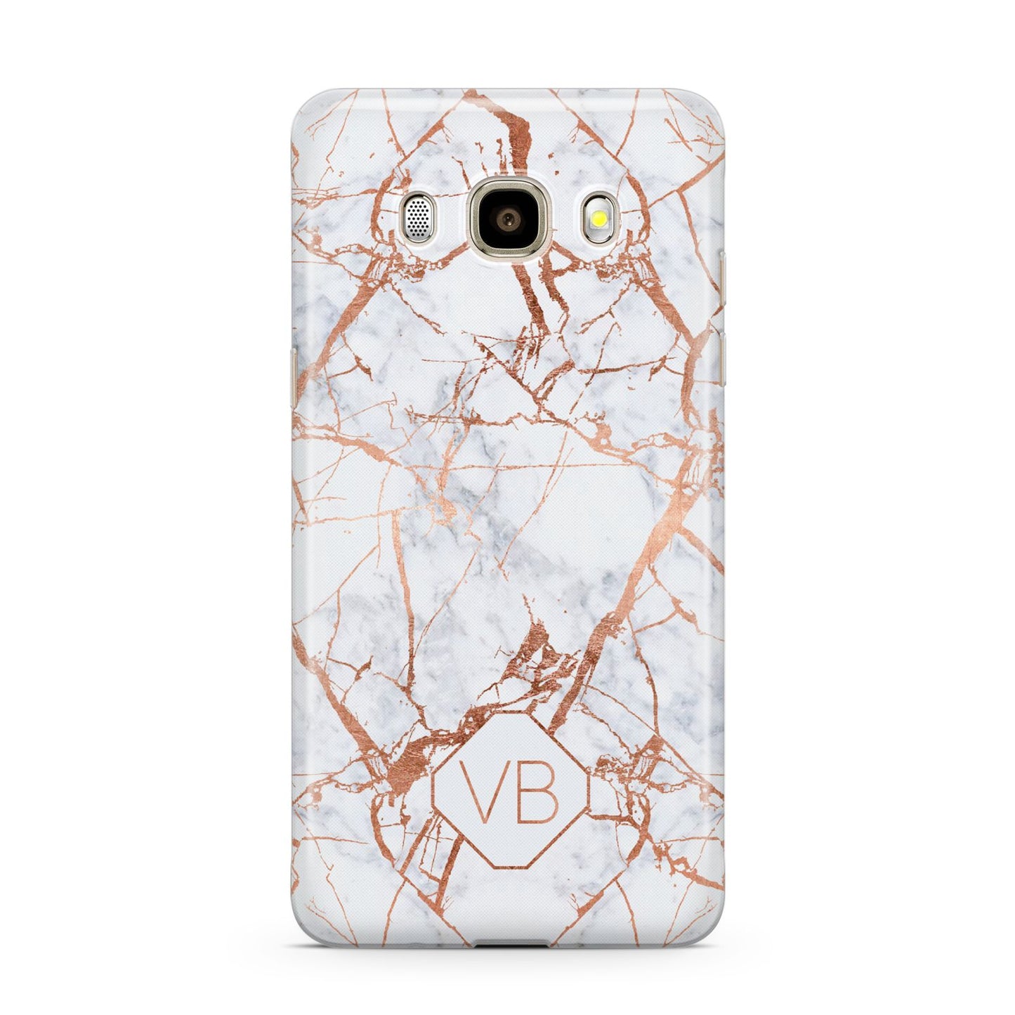 Personalised Rose Gold Vein Marble Initials Samsung Galaxy J7 2016 Case on gold phone