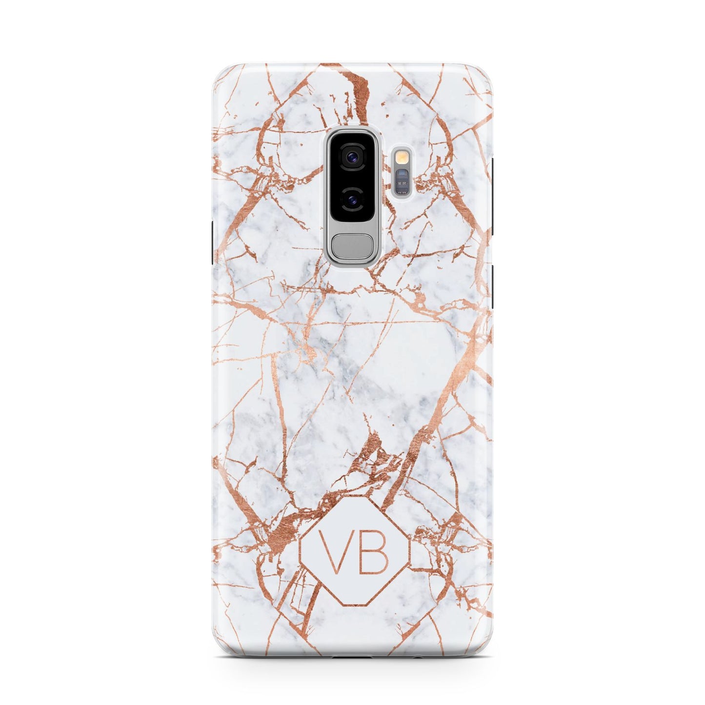 Personalised Rose Gold Vein Marble Initials Samsung Galaxy S9 Plus Case on Silver phone