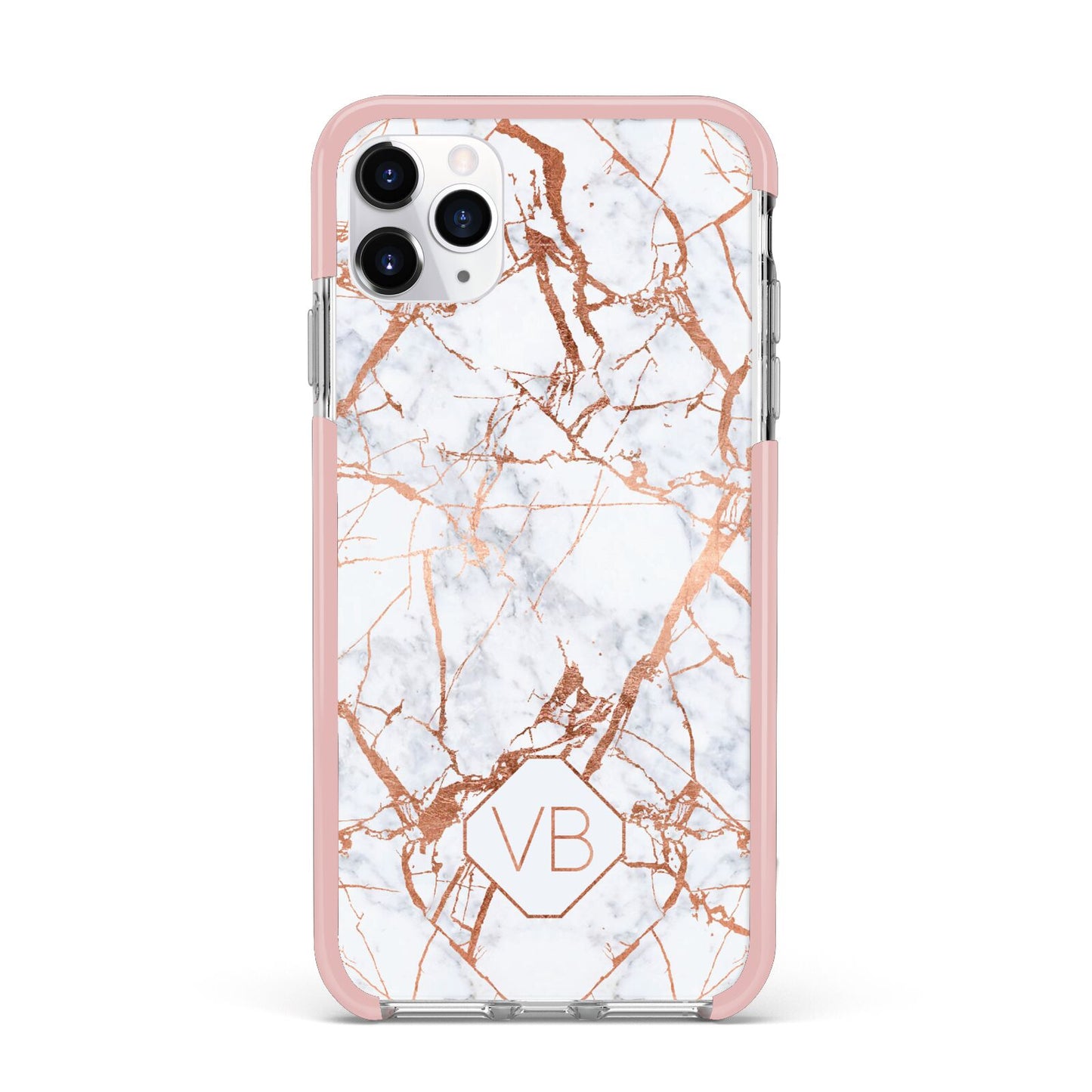 Personalised Rose Gold Vein Marble Initials iPhone 11 Pro Max Impact Pink Edge Case
