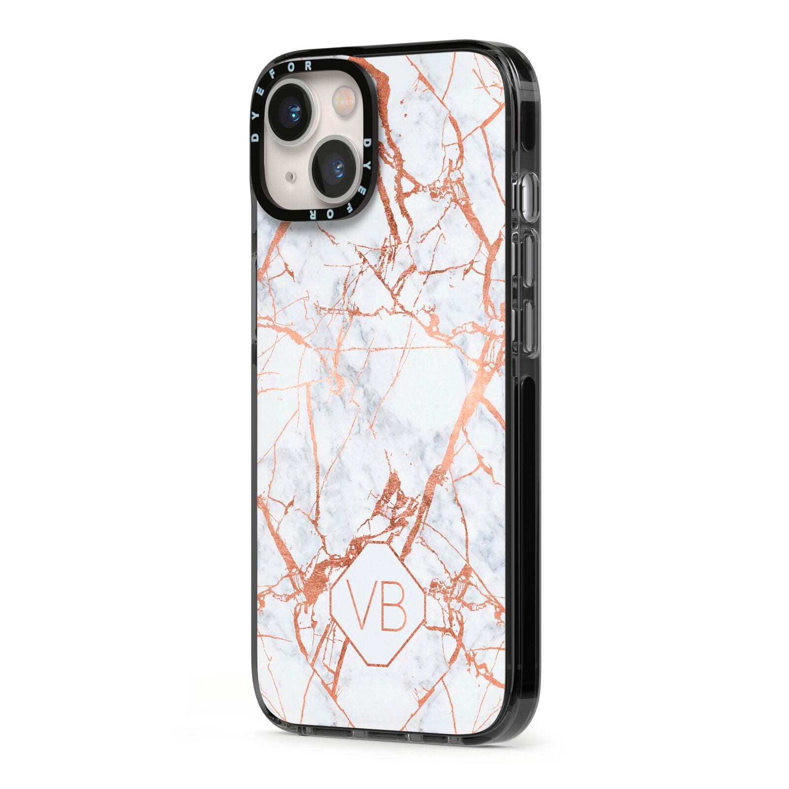 Personalised Rose Gold Vein Marble Initials iPhone 13 Black Impact Case Side Angle on Silver phone
