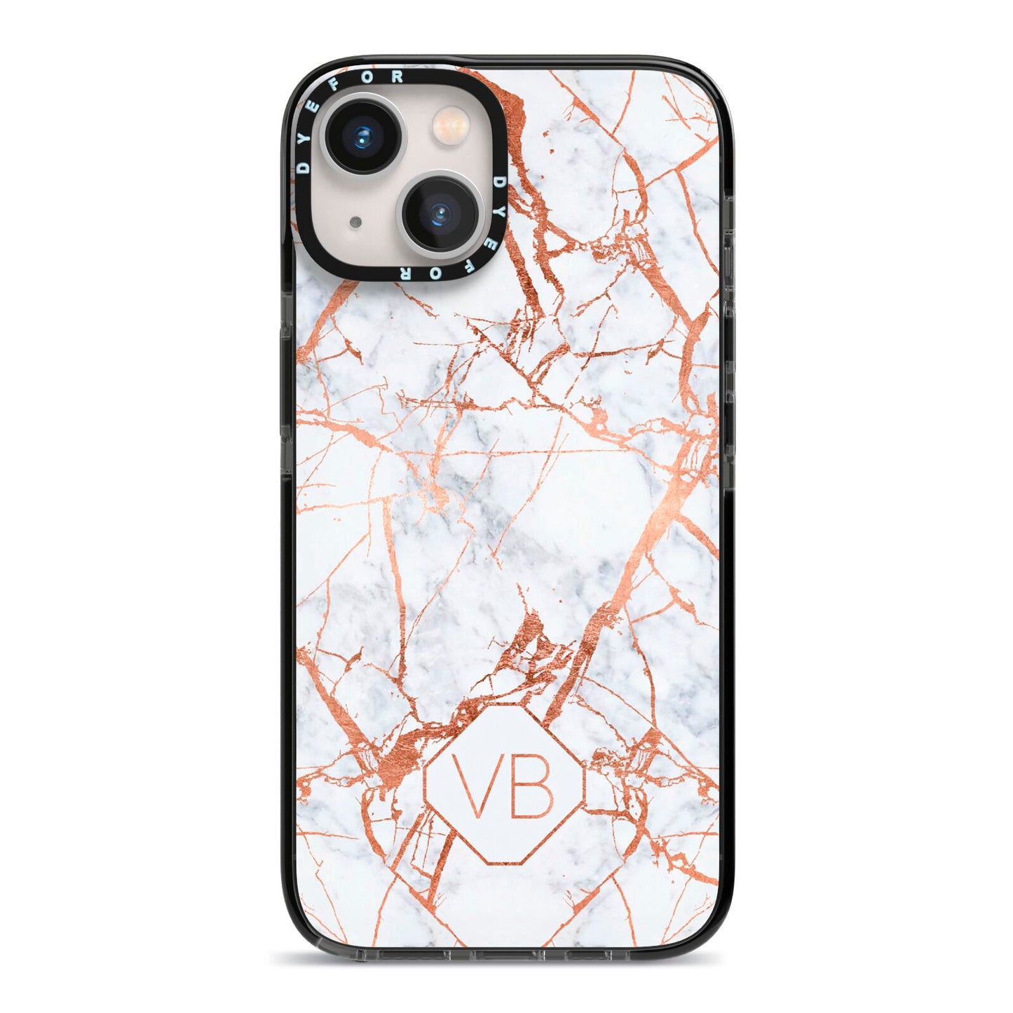 Personalised Rose Gold Vein Marble Initials iPhone 13 Black Impact Case on Silver phone