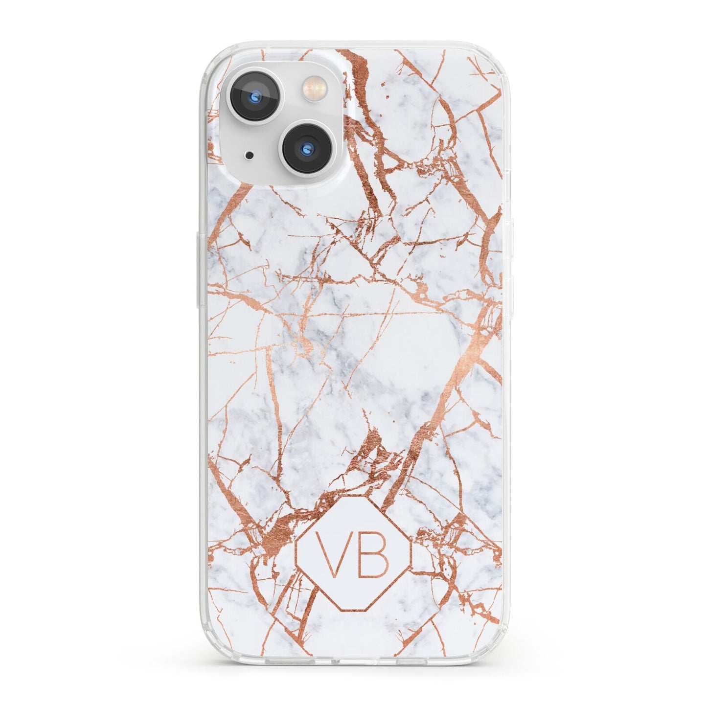 Personalised Rose Gold Vein Marble Initials iPhone 13 Clear Bumper Case