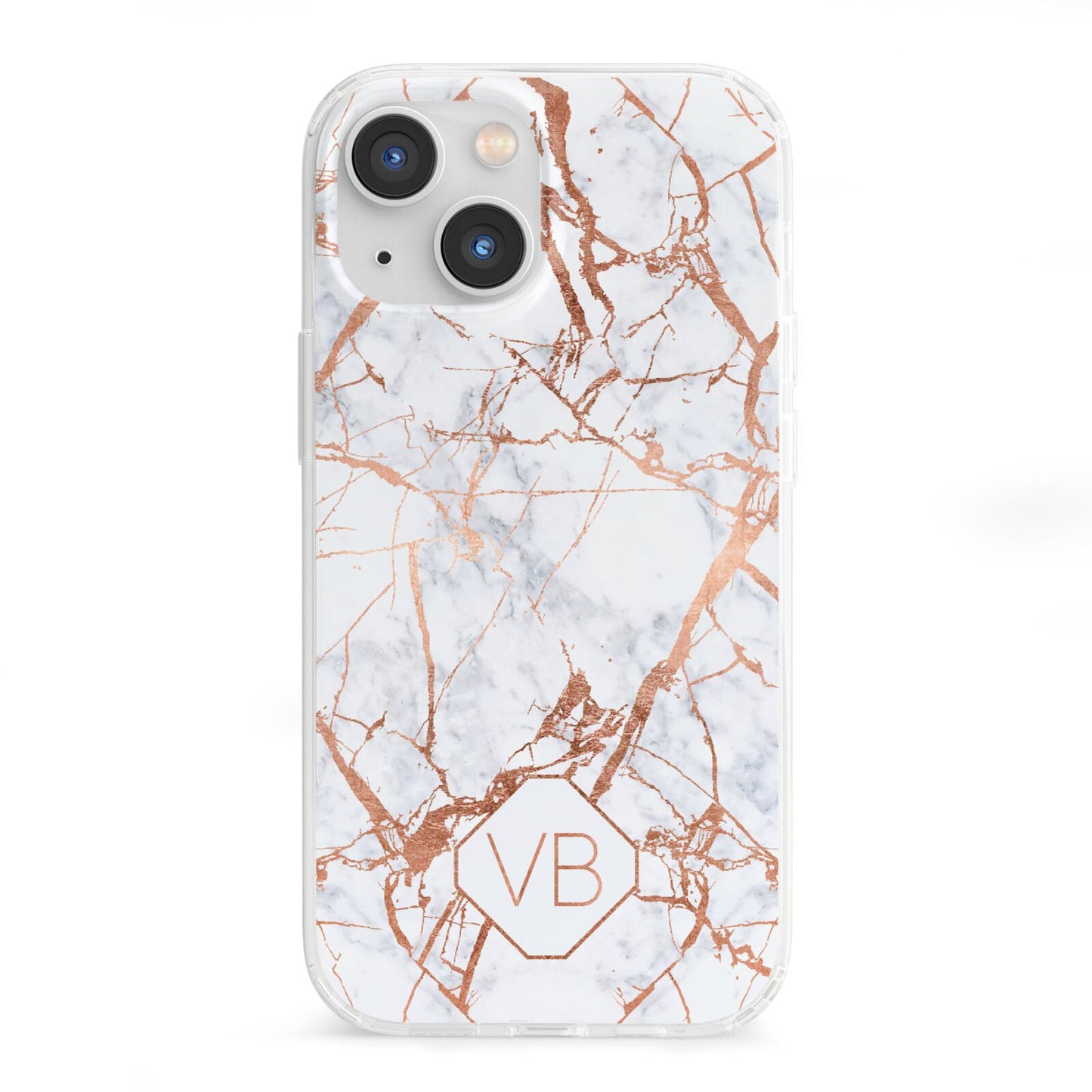 Personalised Rose Gold Vein Marble Initials iPhone 13 Mini Clear Bumper Case