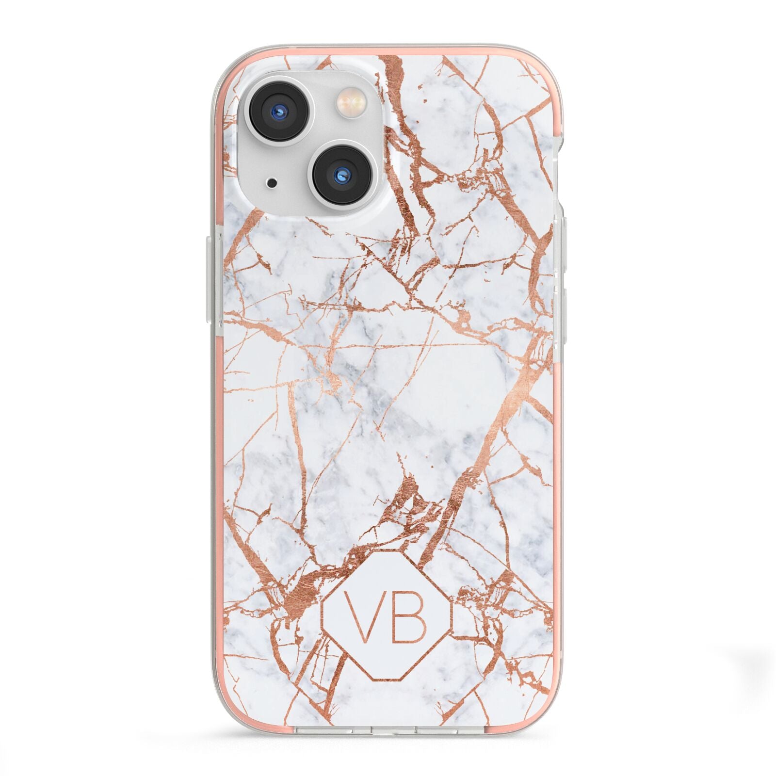 Personalised Rose Gold Vein Marble Initials iPhone 13 Mini TPU Impact Case with Pink Edges