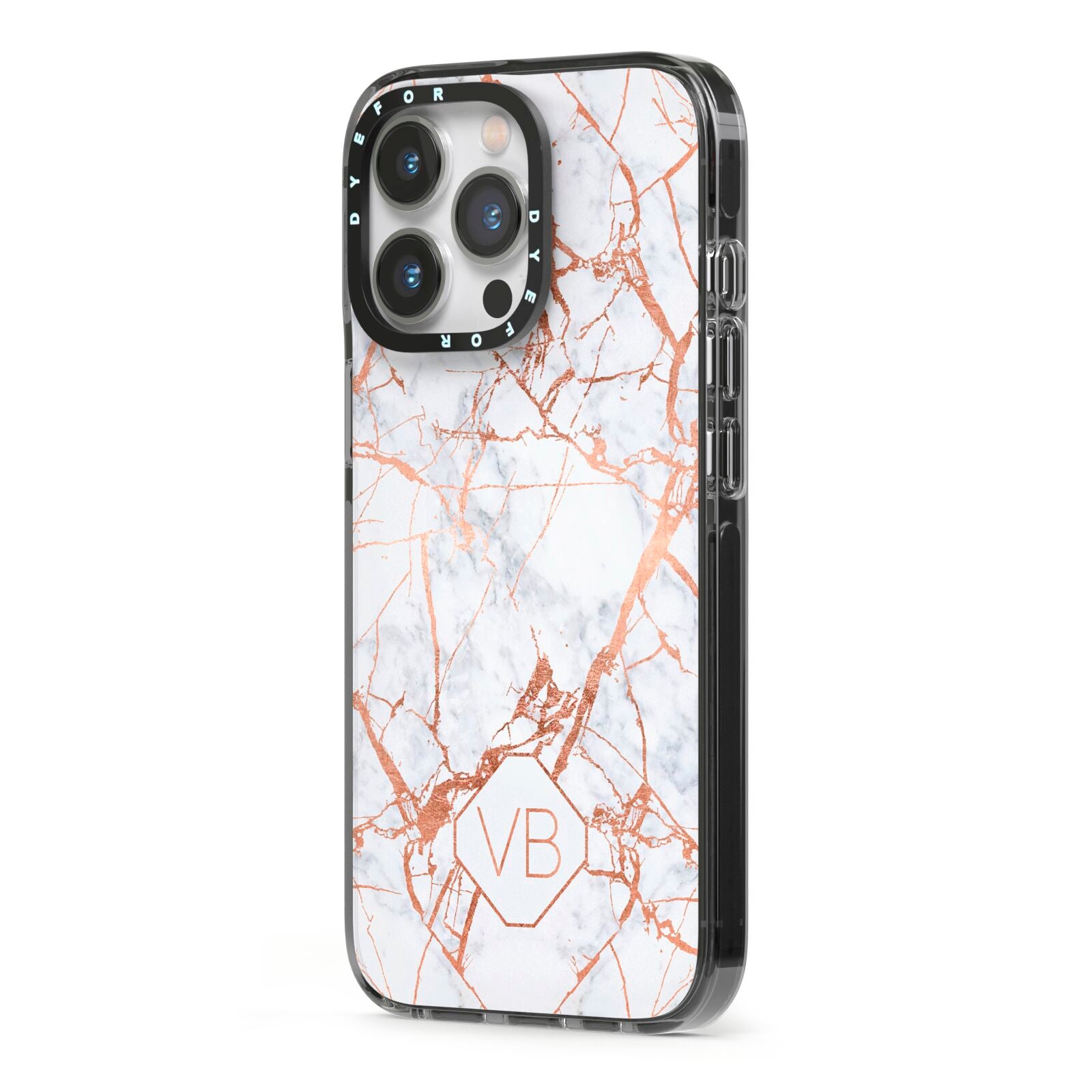 Personalised Rose Gold Vein Marble Initials iPhone 13 Pro Black Impact Case Side Angle on Silver phone